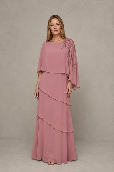 BOLODOO Dusty Rose Mocha Asymmetric Cape Sleeve Dusty Rose Sequin Embroidered Pearl Trim Tiered Chiffon Gown - Dusty Rose