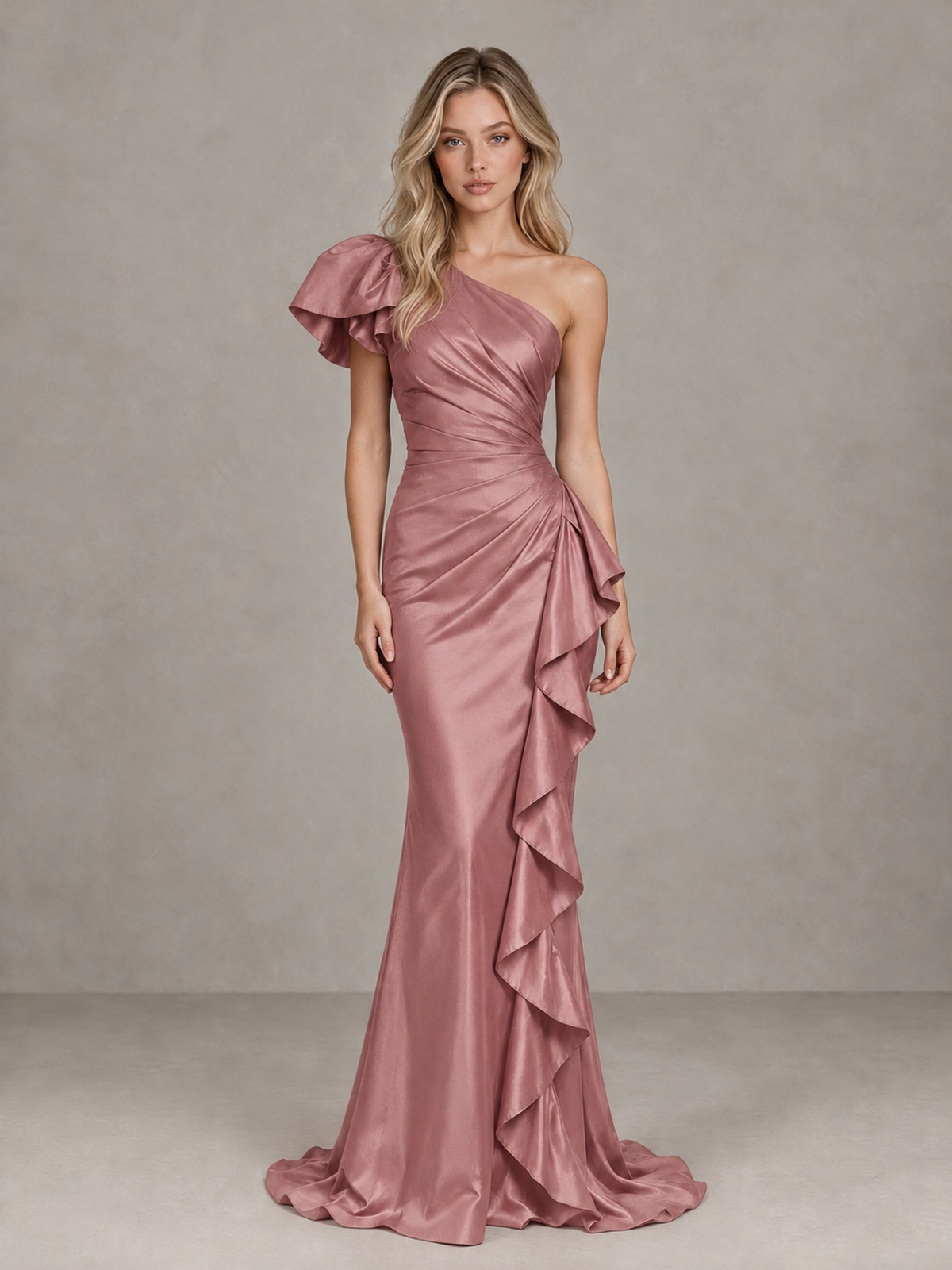 BOLODOO Dusty Rose One-Shoulder Satin-Look Mermaid Evening Dress with Ruffles - Dusty Rose - Dusty Rose (1)