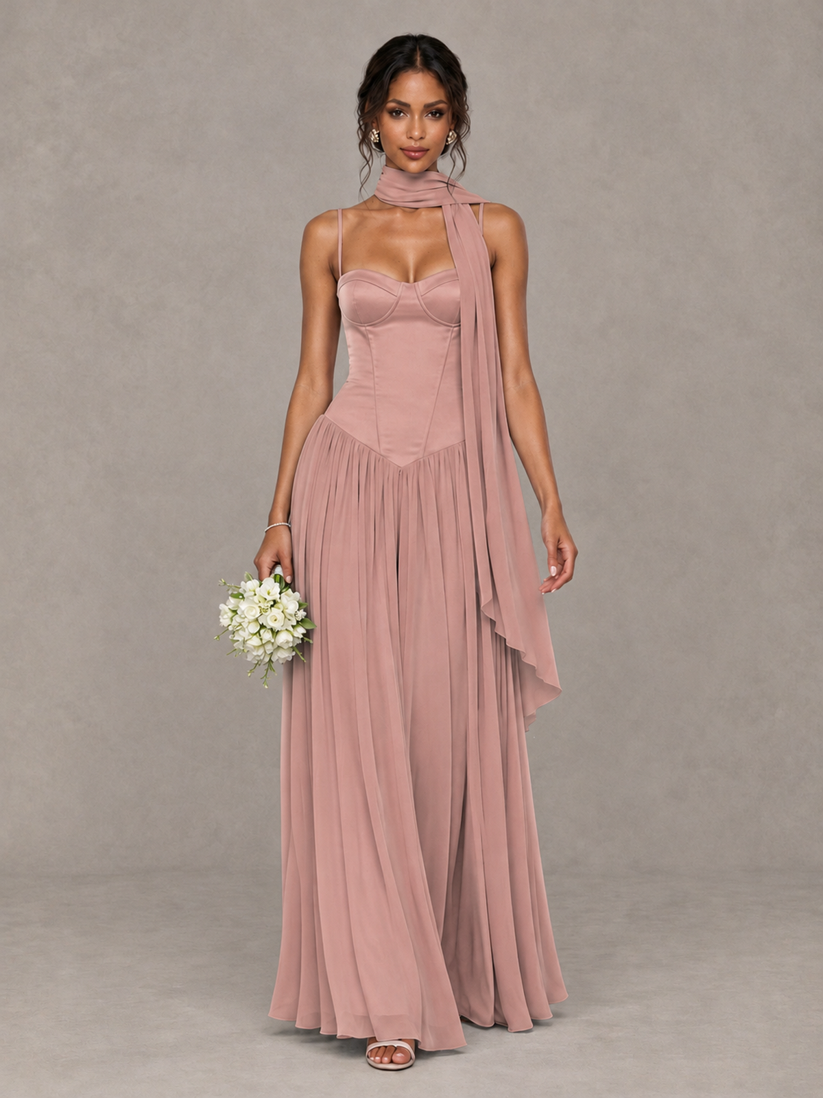 BOLODOO Dusty Rose Corset Bridesmaid Dress with Scarf - Dusty Rose - Dusty Rose (1)
