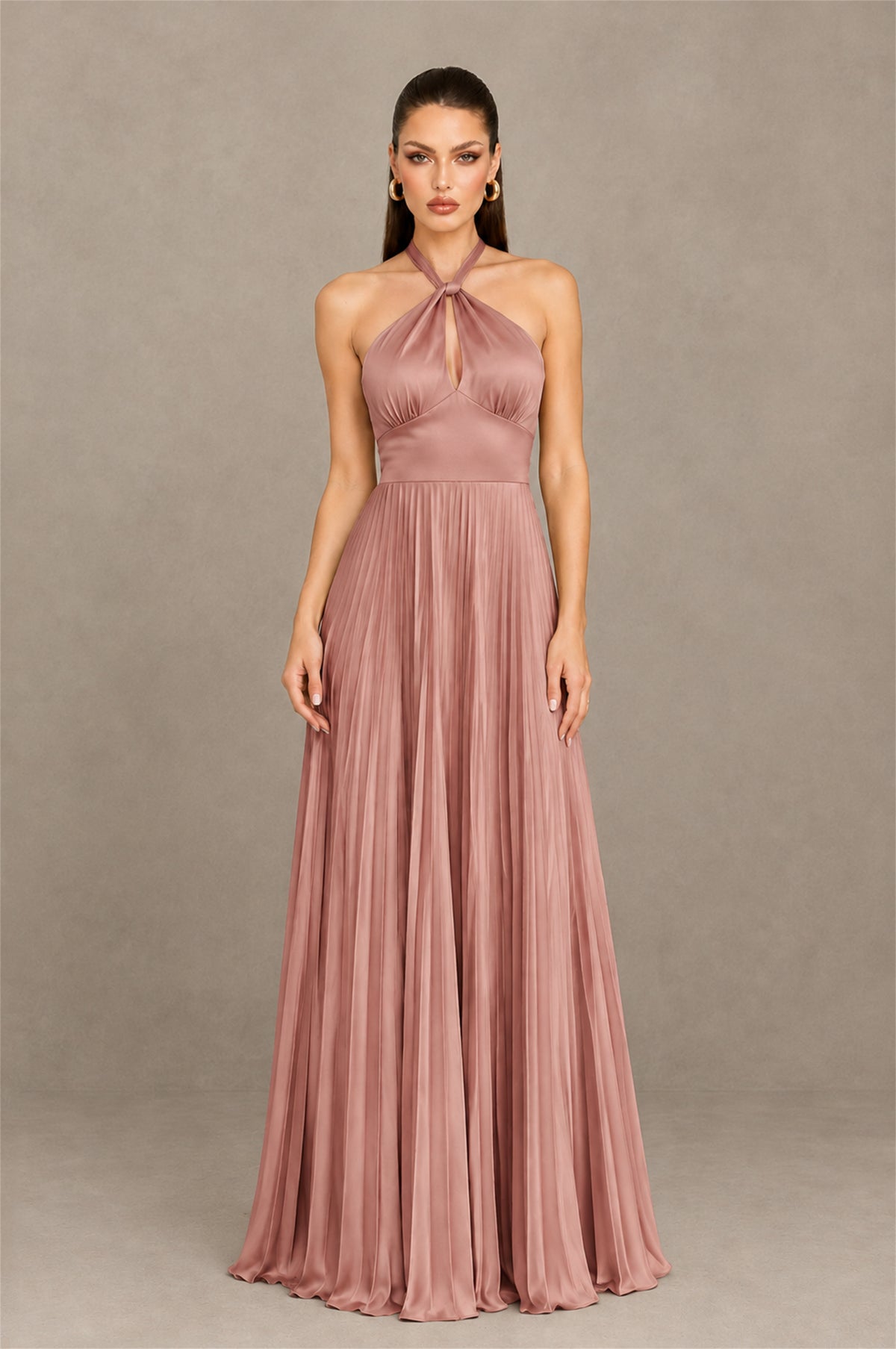 BOLODOO Dusty Rose Halter Pleated A-Line Evening Dress - Dusty Rose