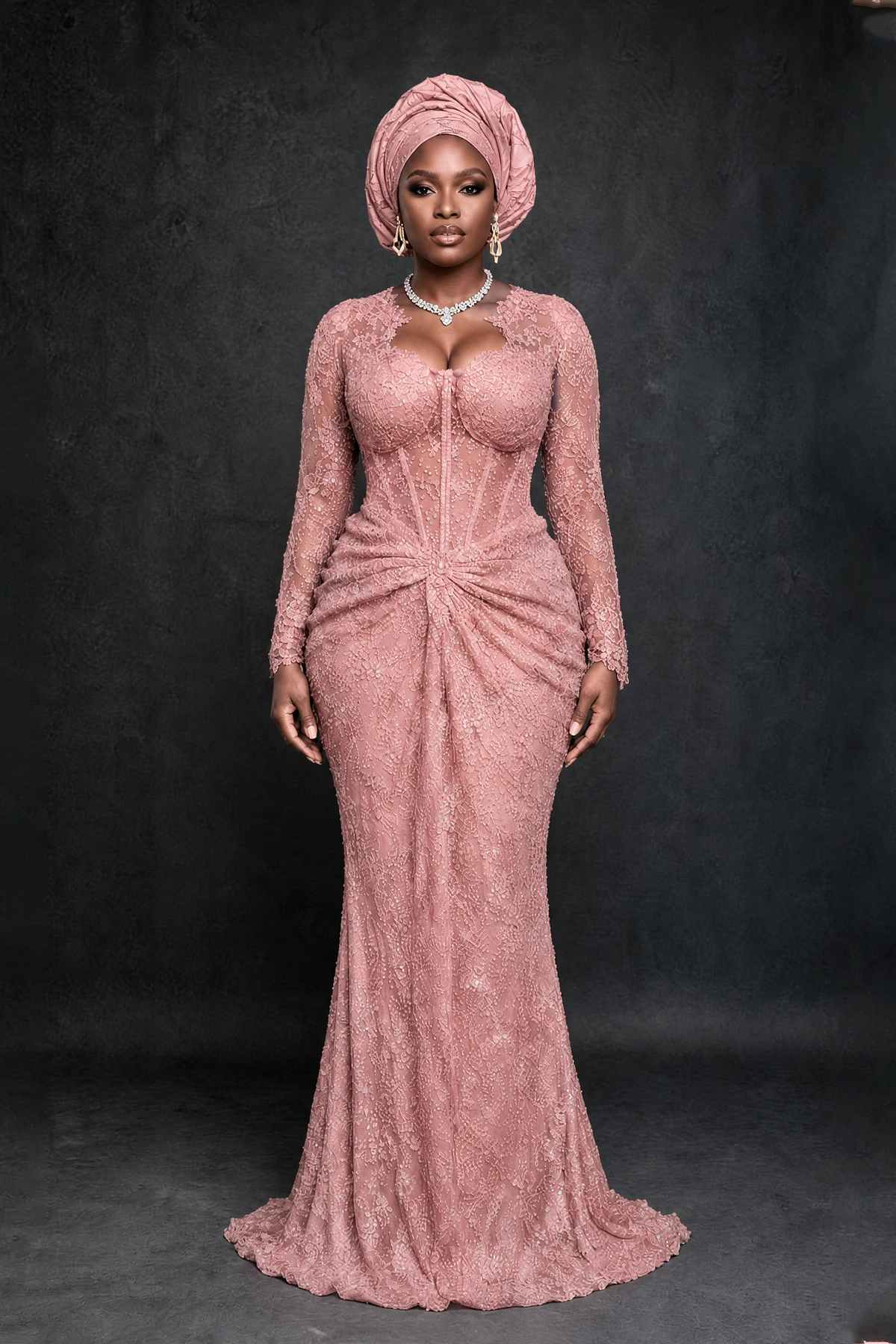 BOLODOO Dusty Rose Beaded Lace Long Sleeve Mermaid Gown Sweetheart | Mother of the Bride - Dusty Rose