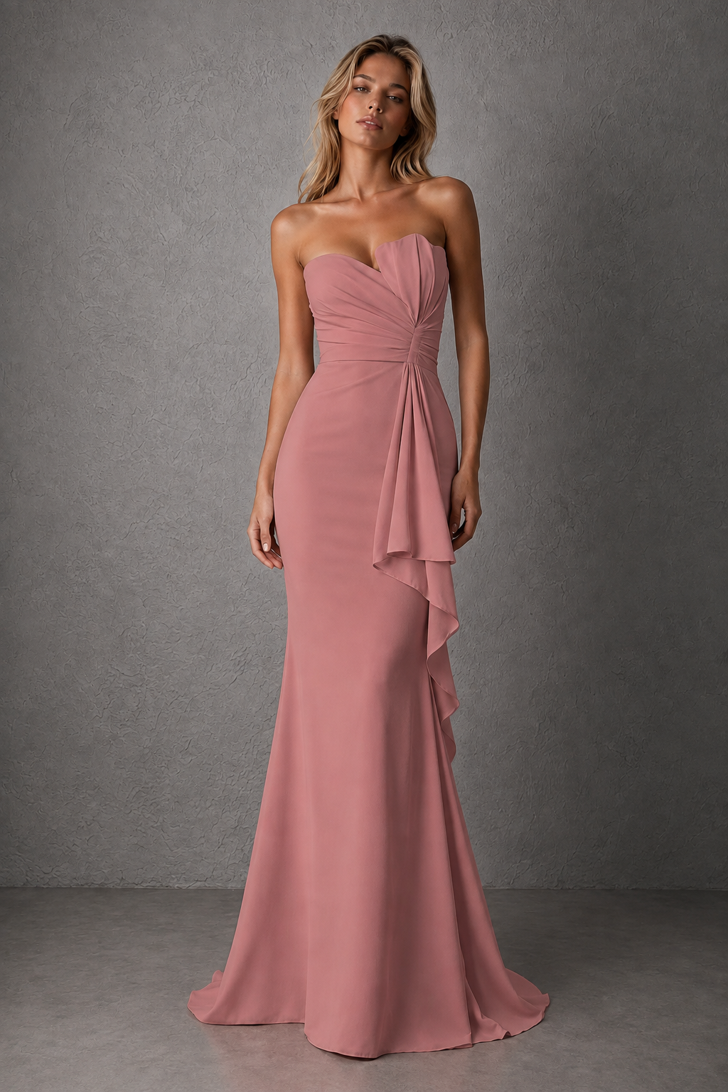 BOLODOO Dusty Rose Strapless Sweetheart Ruched Mermaid Gown | Cascade Drape Formal Evening Dress - Dusty Rose