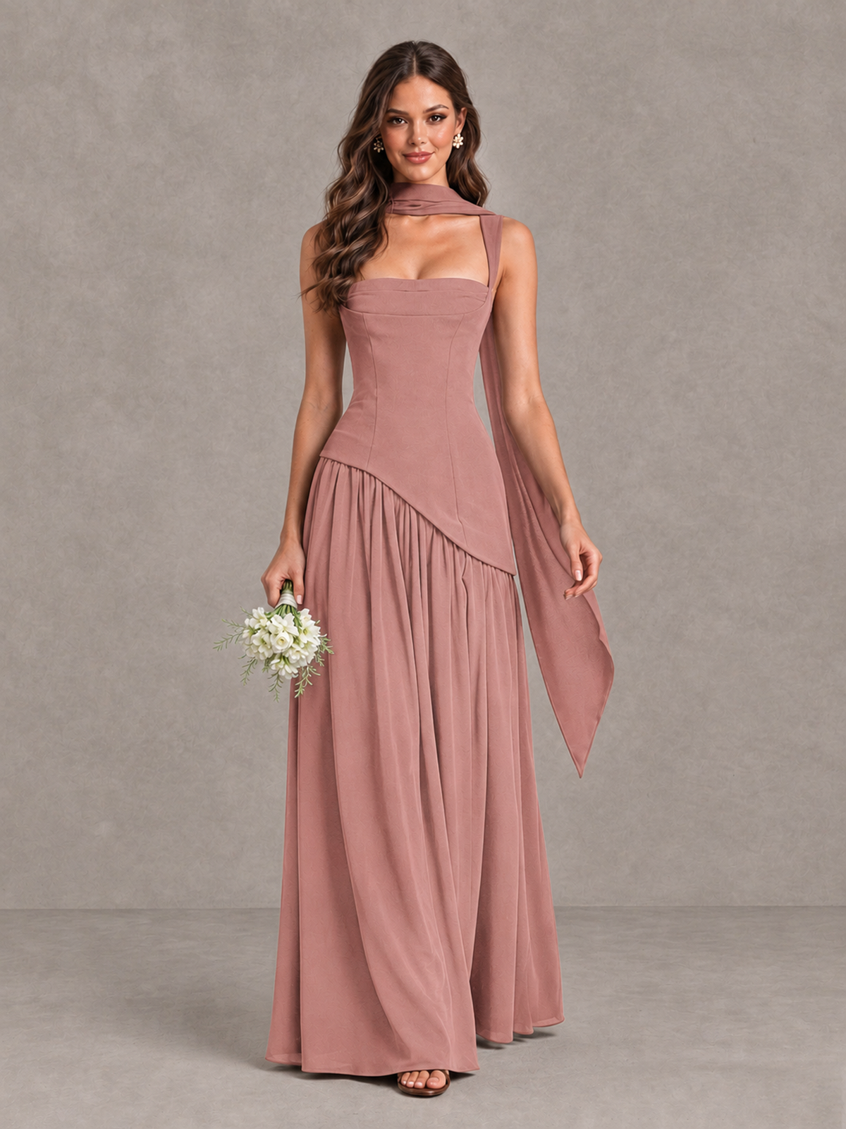 BOLODOO Dusty Rose Brown Scarf Bridesmaid Dress with Lace-Up Back - Dusty Rose - Dusty Rose (1)
