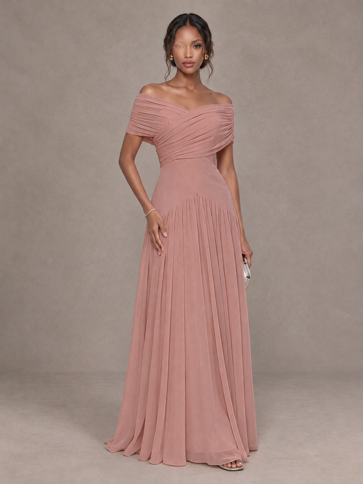 BOLODOO Dusty Rose Off-Shoulder Ruched A-Line Bridesmaid Dress - Dusty Rose - Dusty Rose (1)