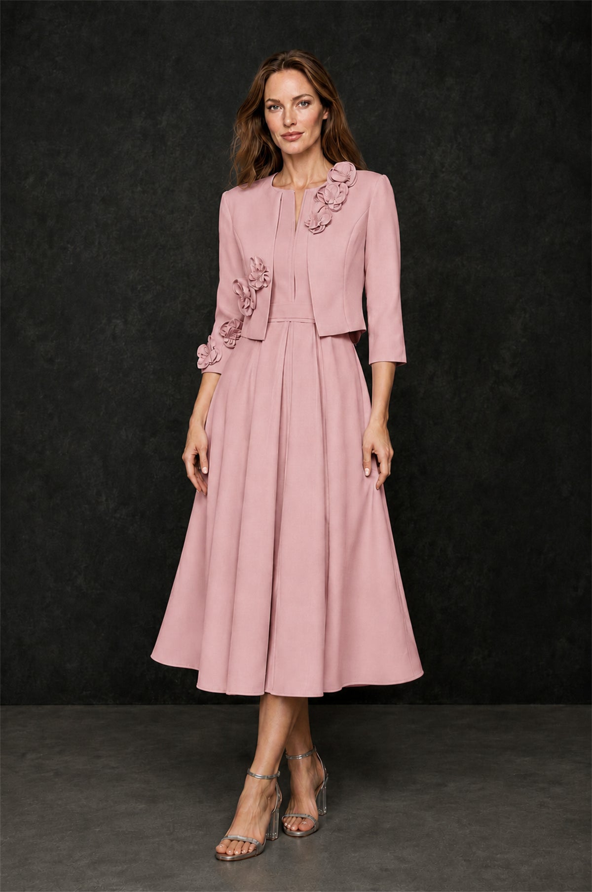 BOLODOO Dusty Rose 3D Rosette Appliqué 3/4 Sleeve Jacket & V-Notch Sleeveless A-Line Tea-Length Two-Piece Dress Set - Dusty Rose