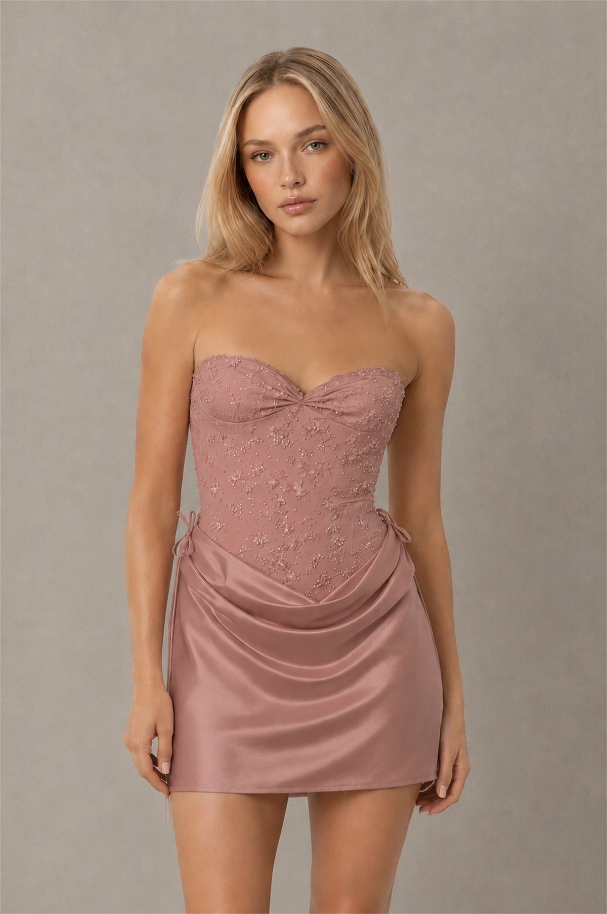 BOLODOO Dusty Rose Lace Corset Strapless Sweetheart Satin Mini Dress with Open Back - Dusty Rose