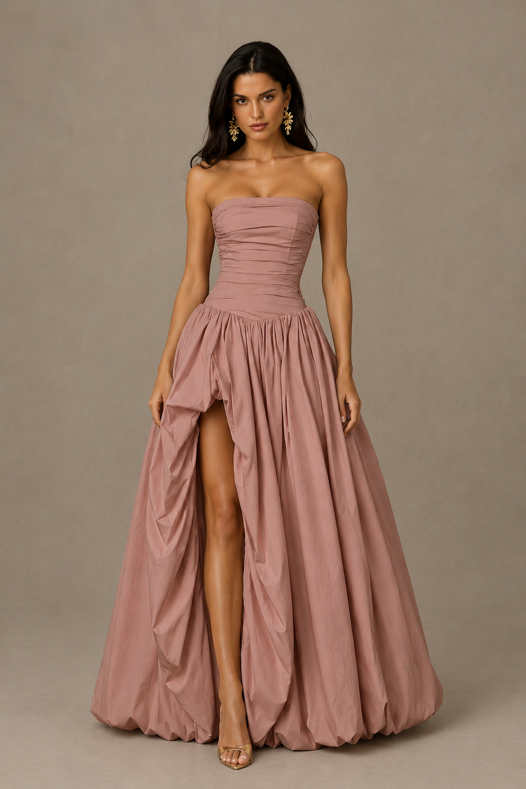 BOLODOO Dusty Rose Strapless Ruched Corset Lace-Up Back Bubble Skirt High Slit Taffeta Maxi Dress - Dusty Rose