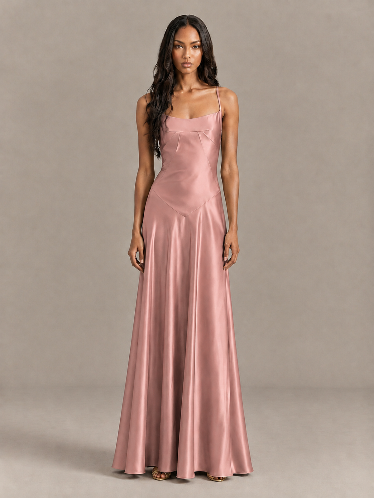 BOLODOO Dusty Rose Satin Lace-Up Back Maxi Dress - Dusty Rose