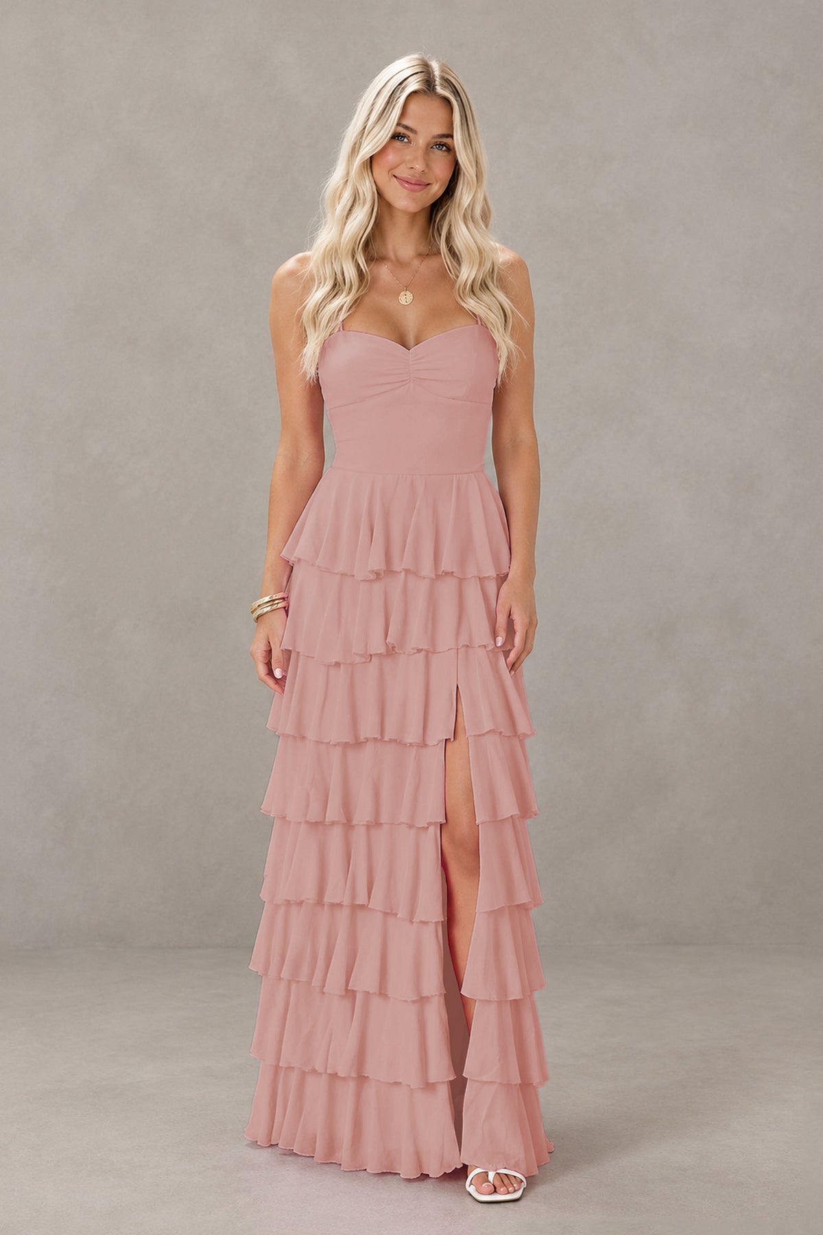 BOLODOO Dusty Rose Strapless Tiered Ruffle Maxi Dress with Slit & Lace-Up Back - Dusty Rose