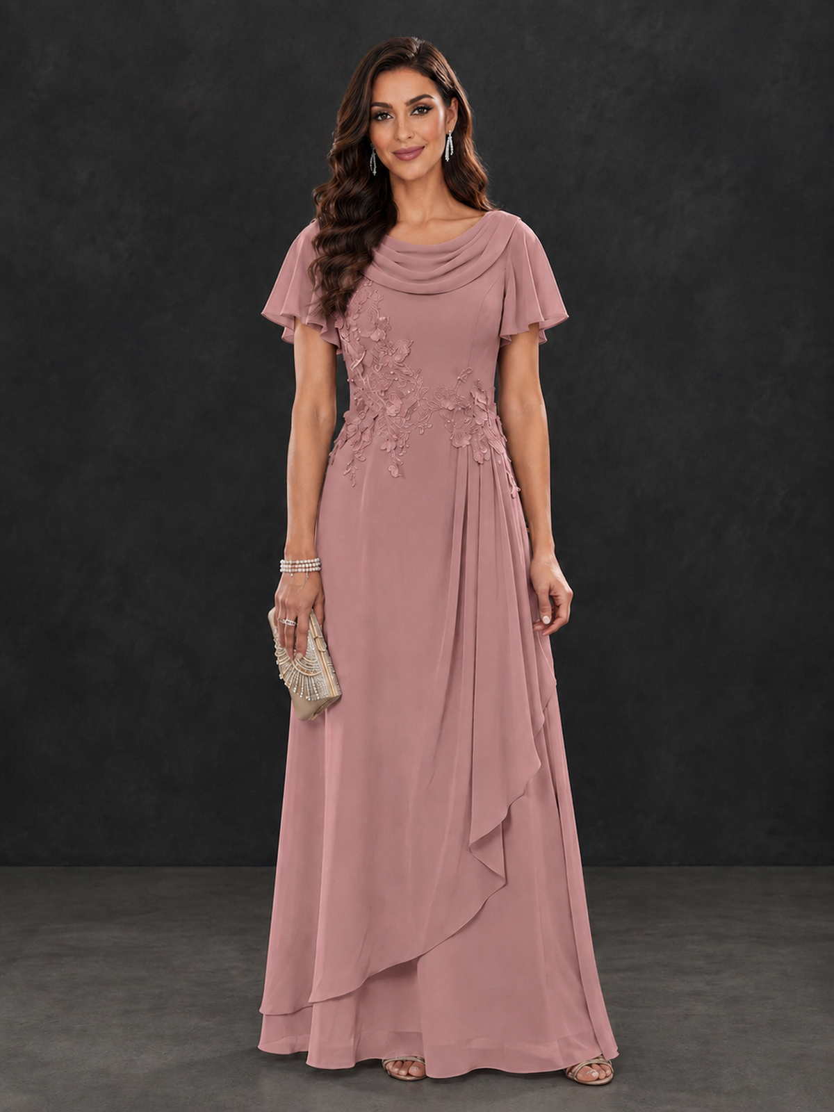 BOLODOO Dusty Rose Floral Flutter Sleeve Mother of the Bride Dress - Dusty Rose