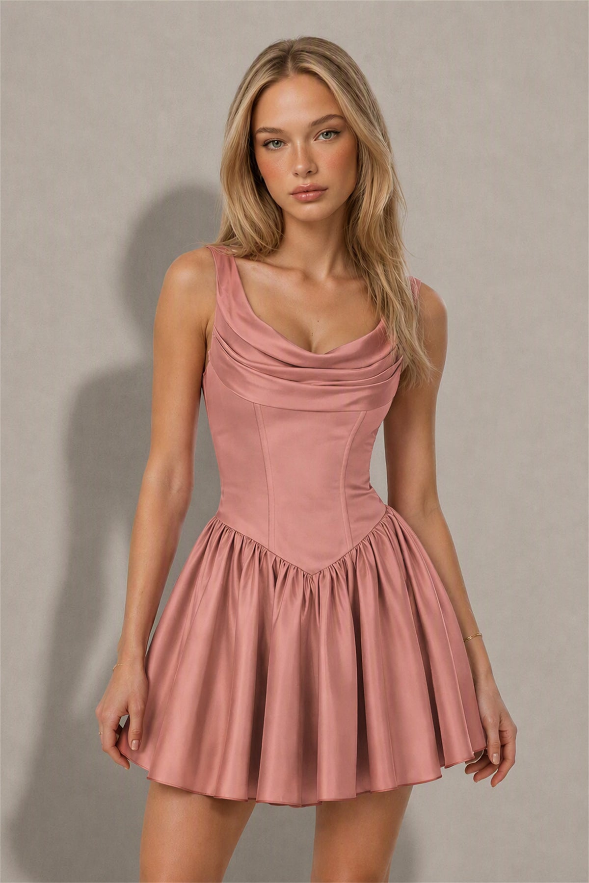 BOLODOO Dusty Rose Satin Cowl Neck Wide Strap Corset Lace-Up Back Fit and Flare Mini Dress | Prom Cocktail Date Night Dress - Dusty Rose