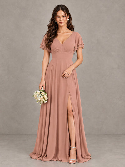 BOLODOO Dusty Rose Flutter Sleeve Chiffon A-Line Maxi Bridesmaid Dress with Open Back & Slit - Dusty Rose - Dusty Rose (1)