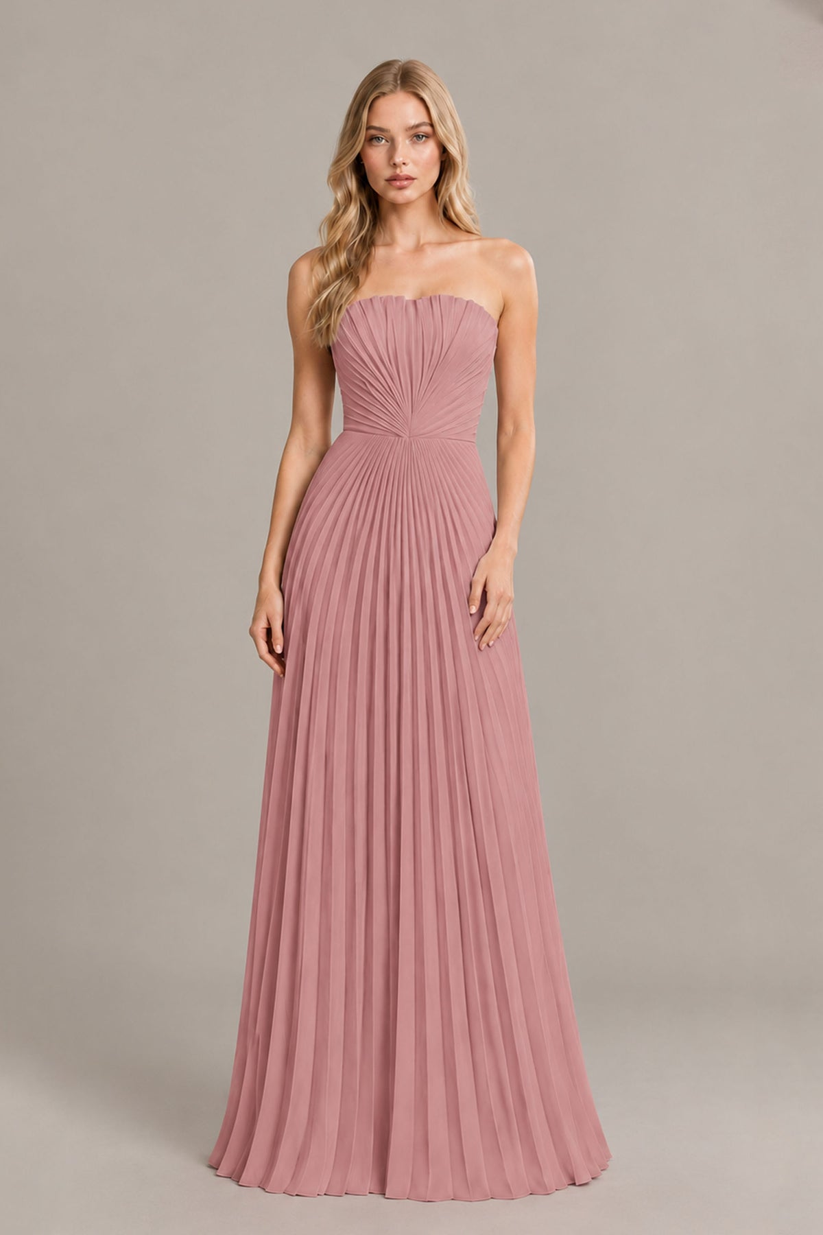 BOLODOO Dusty Rose Strapless Sunburst Pleated Twisted Knot Lace-Up Back Accordion Pleated Chiffon Maxi Dress - Dusty Rose