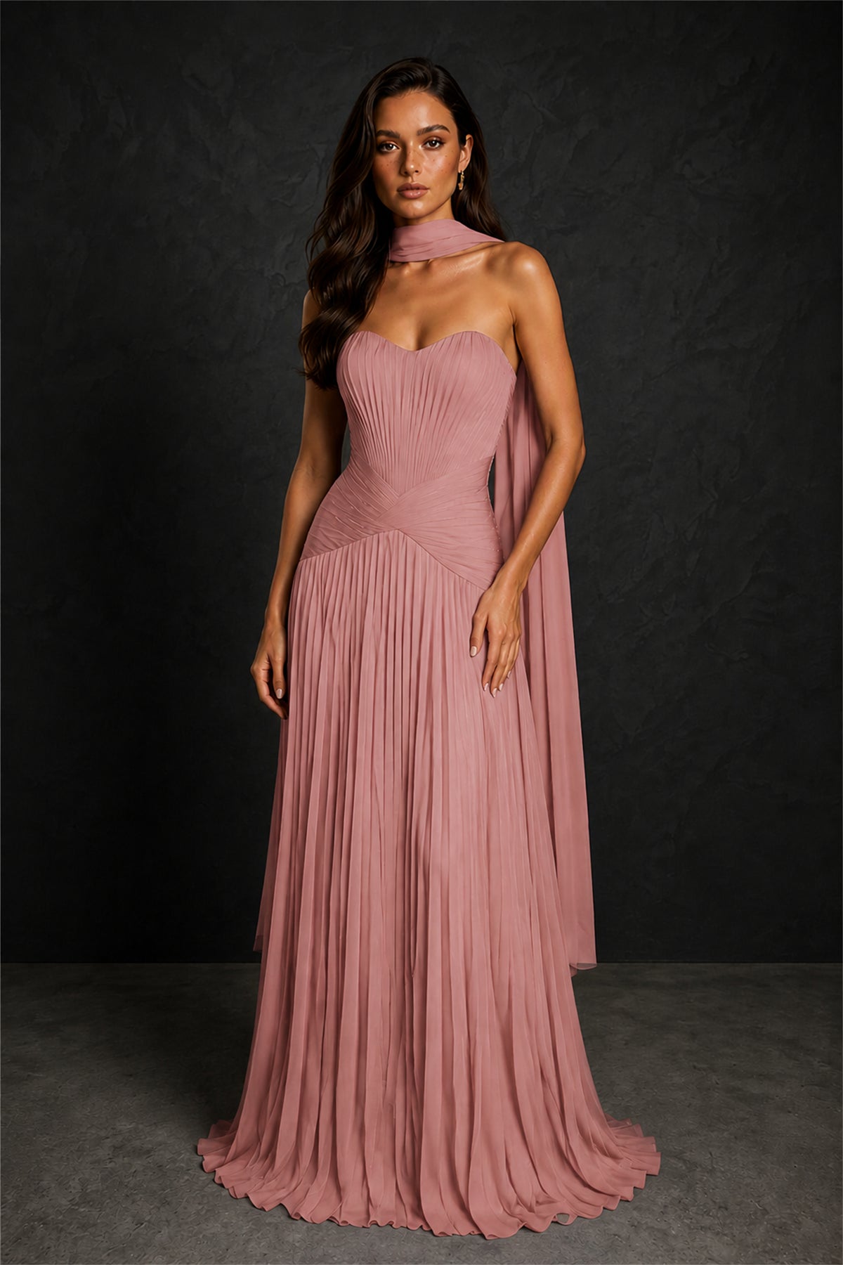 BOLODOO Dusty Rose Sweetheart Strapless Neck Scarf Pleated Backless A-Line Chiffon Maxi Dress - Dusty Rose