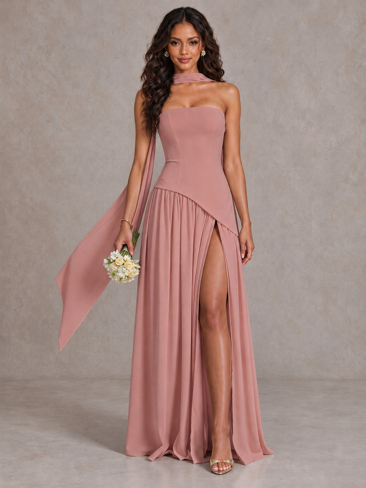 Dusty Rose Strapless Bridesmaid Dress with Scarf & High Slit - Dusty Rose - Dusty Rose (1)