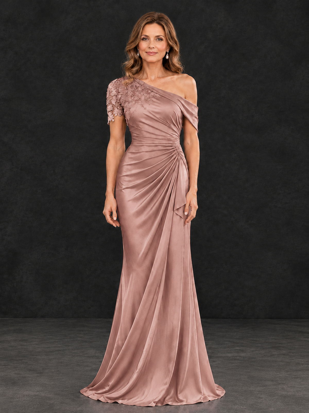 BOLODOO Dusty Rose Asymmetric Satin Mother of the Bride Dress with Lace Sleeve - Dusty Rose - Dusty Rose (1)