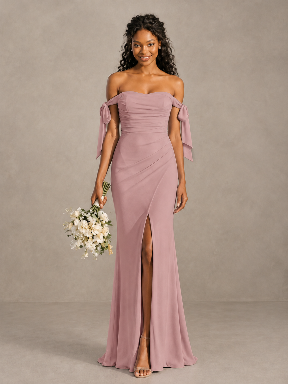 Dusty Rose Off-Shoulder Bow Bridesmaid Dress with Slit - Dusty Rose - Dusty Rose (1)