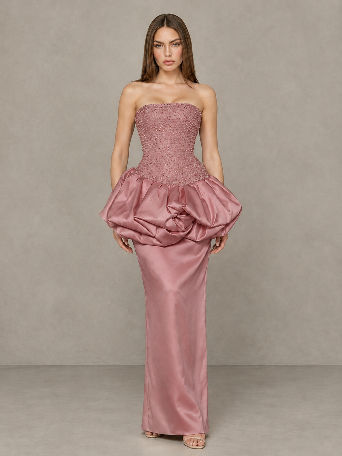 BOLODOO Dusty Rose Strapless Embellished Bubble Peplum Evening Dress - Dusty Rose - Dusty Rose (1)