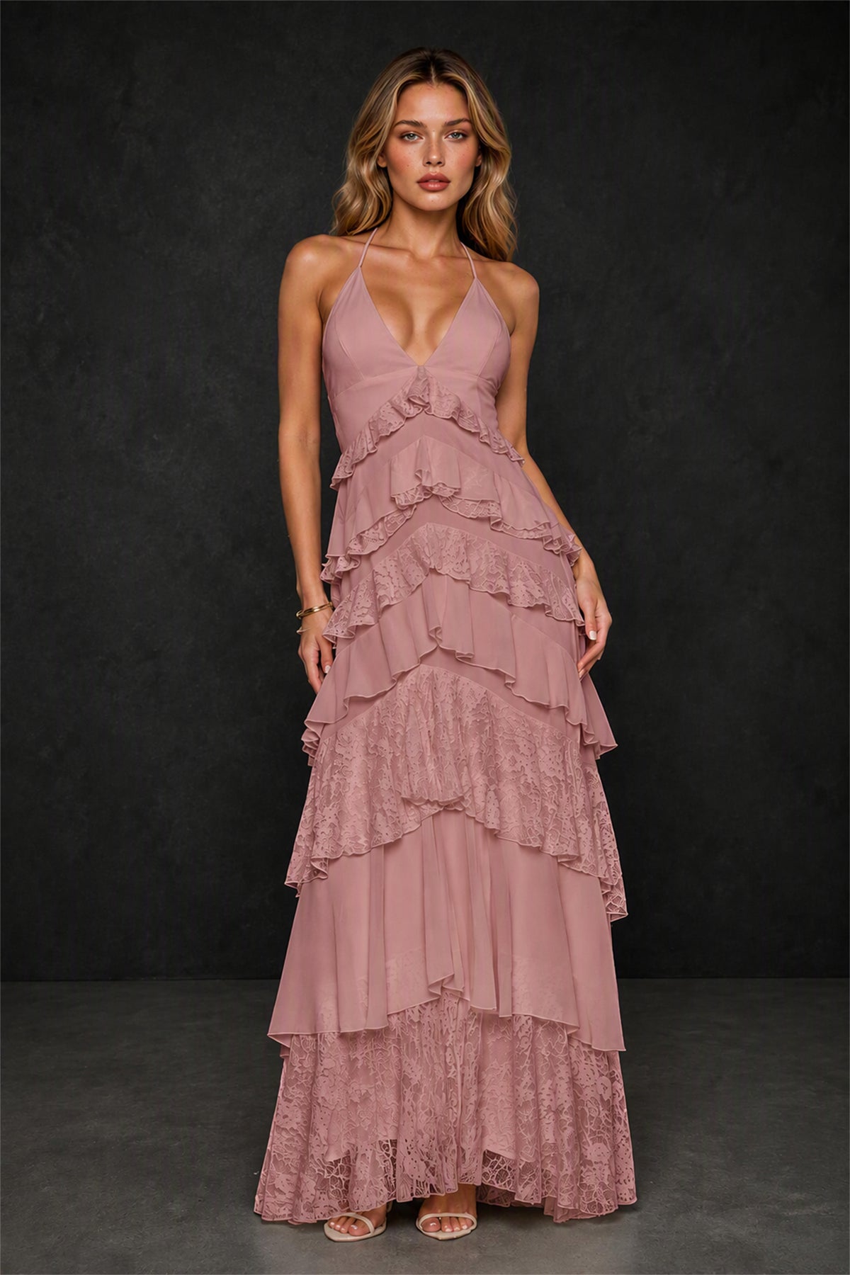 BOLODOO Dusty Rose Tiered Ruffle Lace Halter Backless Maxi Dress - Dusty Rose