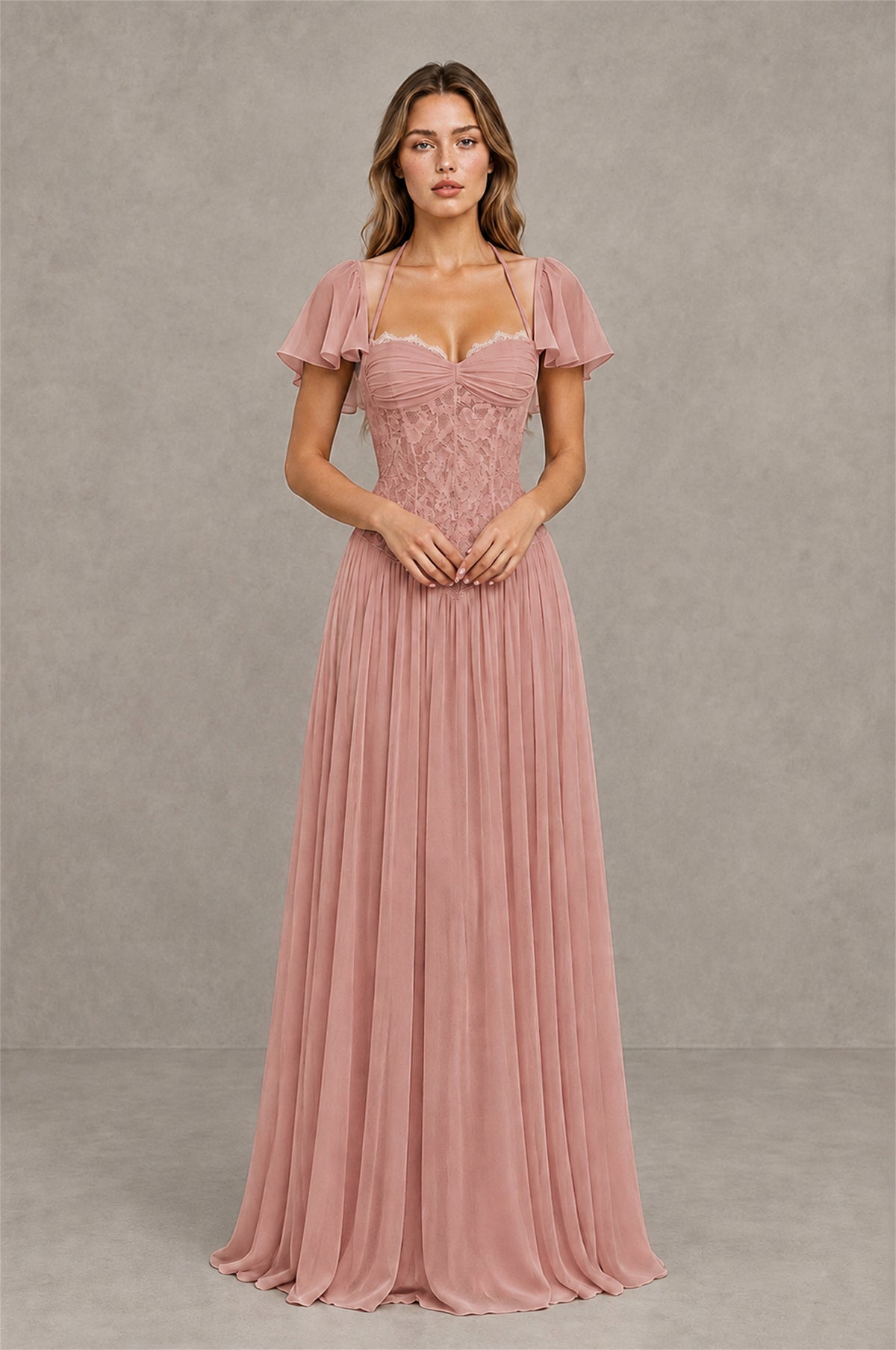 BOLODOO Dusty Rose Flutter Sleeve Lace Corset A-Line Maxi Dress - Dusty Rose - Dusty Rose (1)