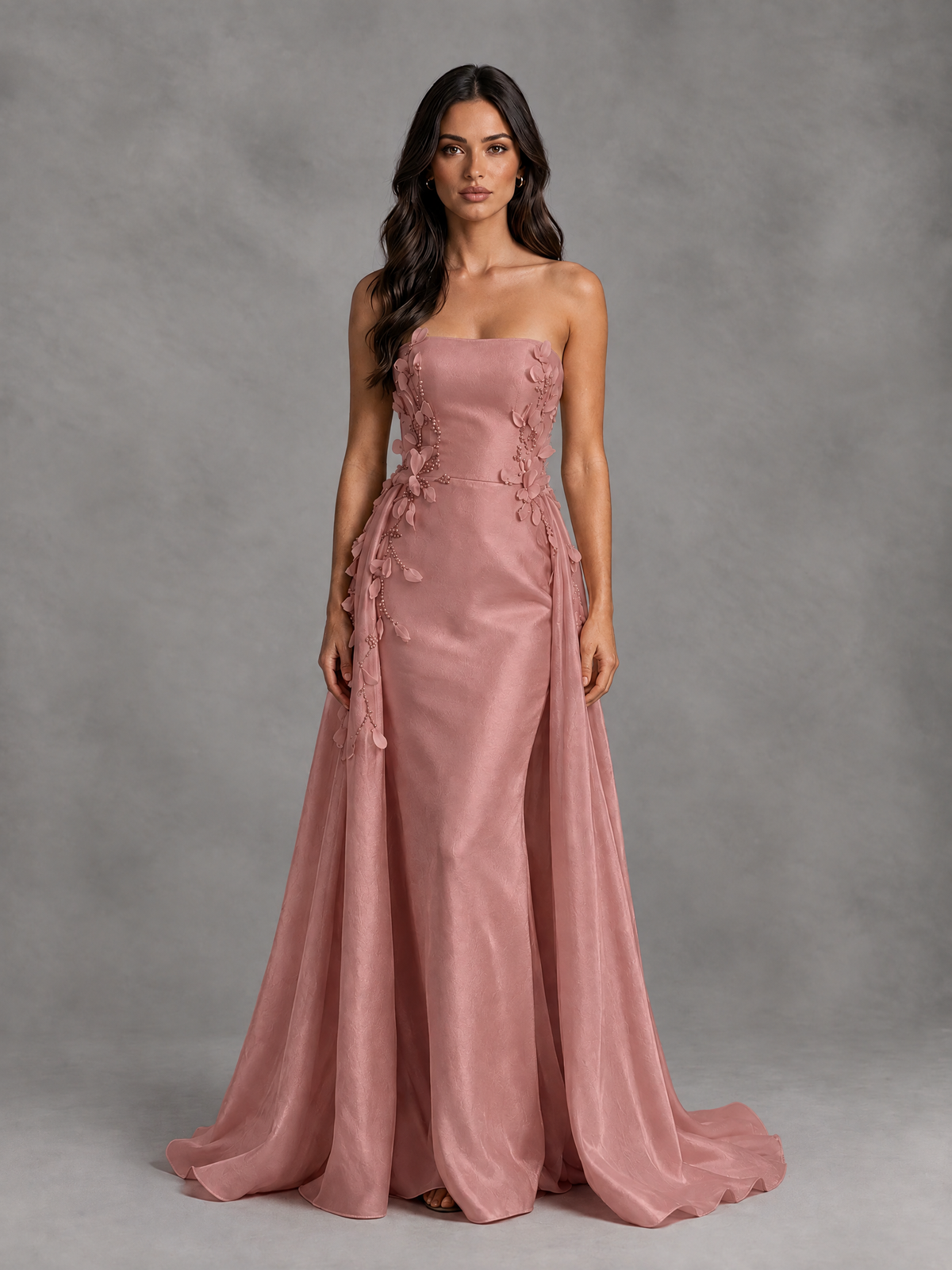 BOLODOO Dusty Rose Strapless Floral Applique Prom Dress with Overskirt - Dusty Rose - Dusty Rose (1)