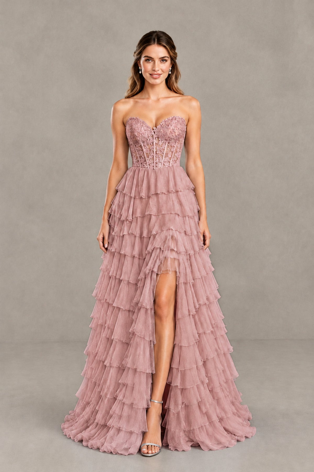 BOLODOO Dusty Rose Strapless Lace Corset Tiered Ruffle Prom Dress with Slit - Dusty Rose - Dusty Rose (1)