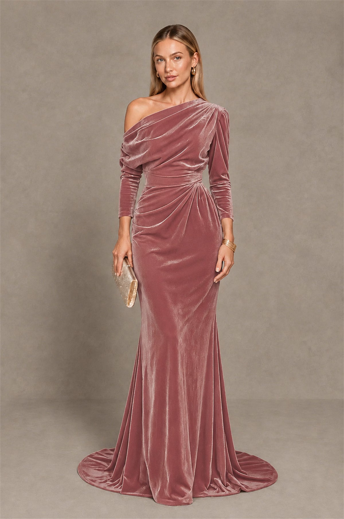 BOLODOO Dusty Rose Velvet One-Shoulder Long Sleeve Evening Gown - Dusty Rose