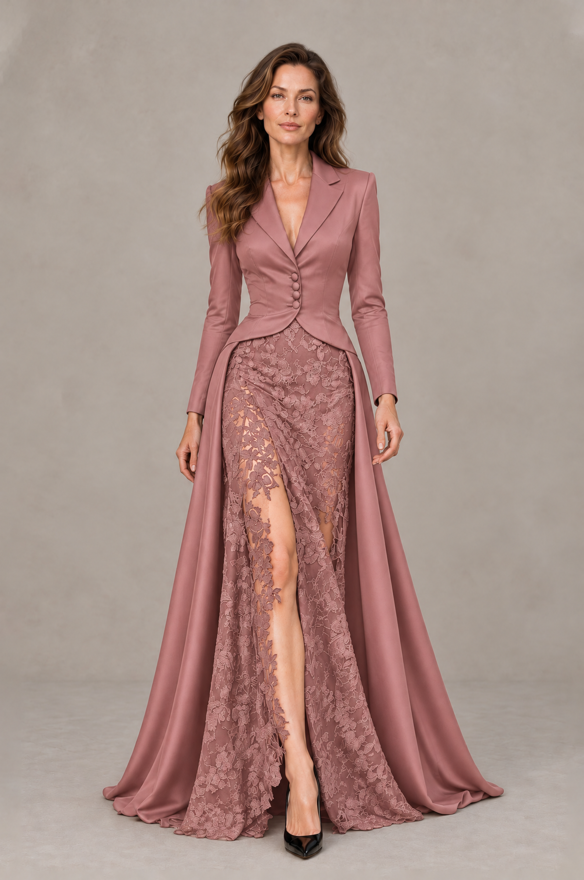BOLODOO Dusty Rose Long Sleeve Lace Blazer Gown with High Slit - Dusty Rose - Dusty Rose (1)