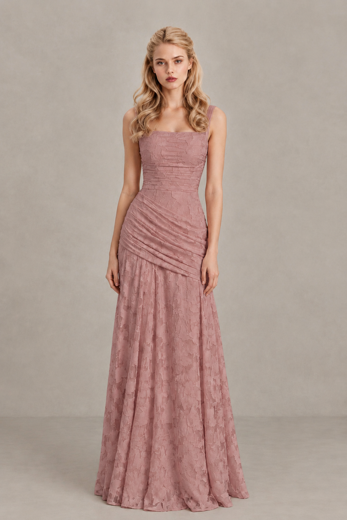 BOLODOO Dusty Rose Ruched Floral Maxi Dress with Lace-Up Back - Dusty Rose