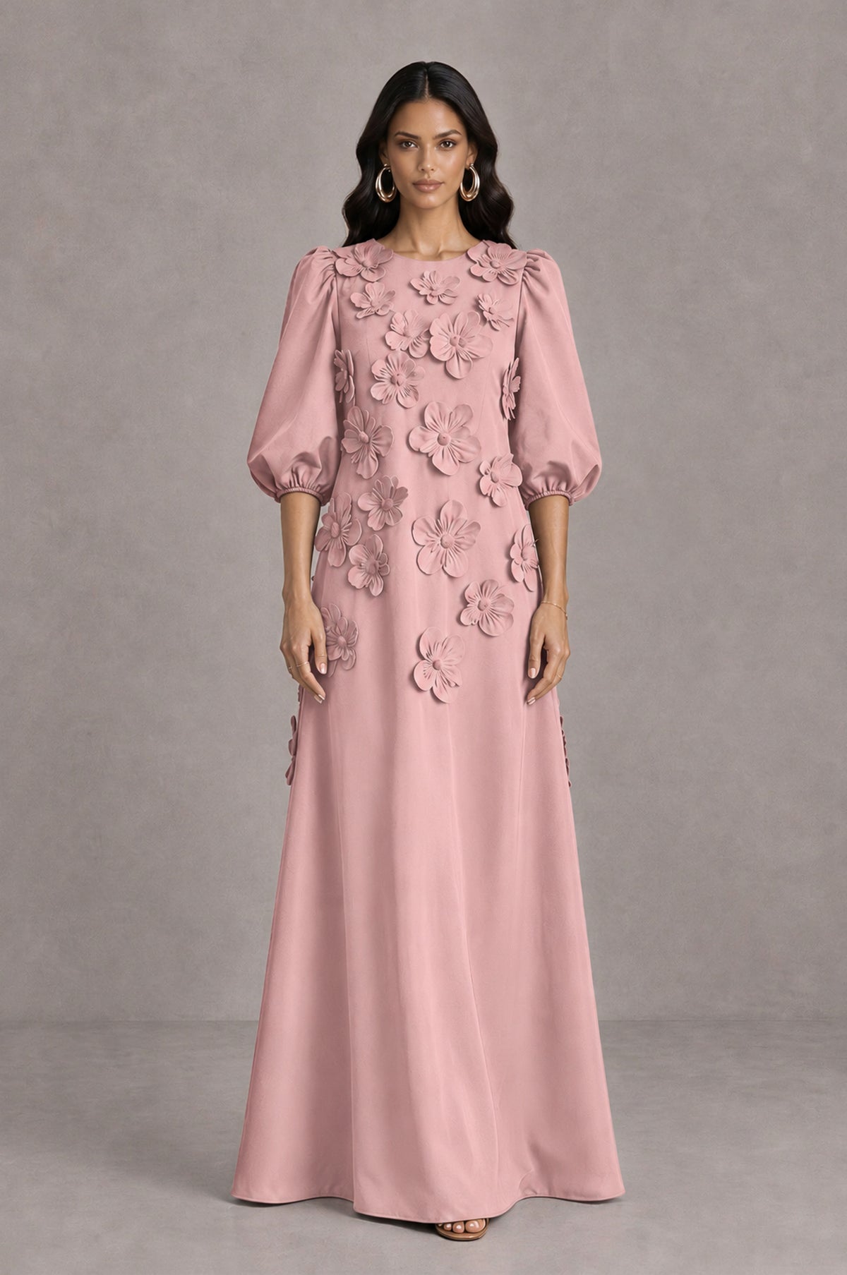BOLODOO Dusty Rose Floral Applique Puff Sleeve A-Line Evening Dress - Dusty Rose - Dusty Rose (1)
