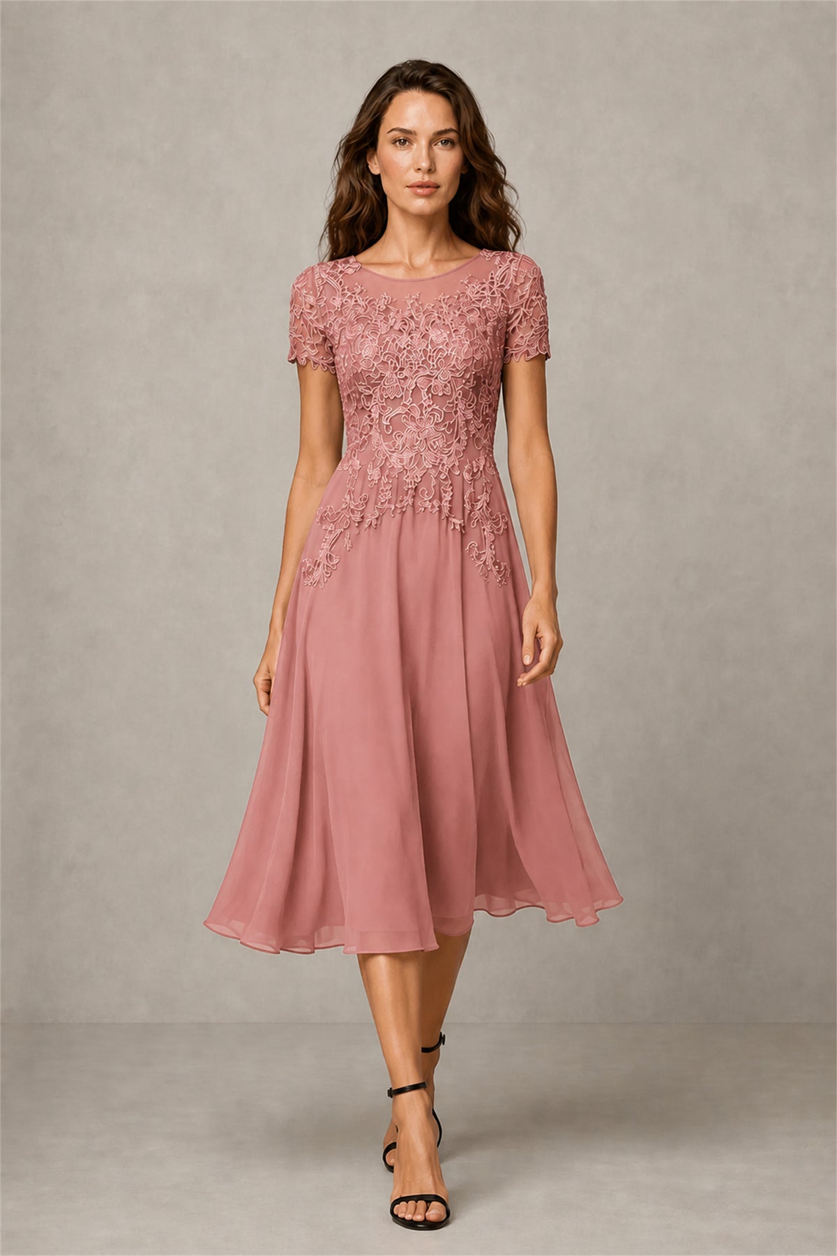 BOLODOO Steel Dusty Rose Beaded Lace Illusion Bodice Chiffon Tea-Length Dress | Mother of the Bride & Cocktail Party - Dusty Rose