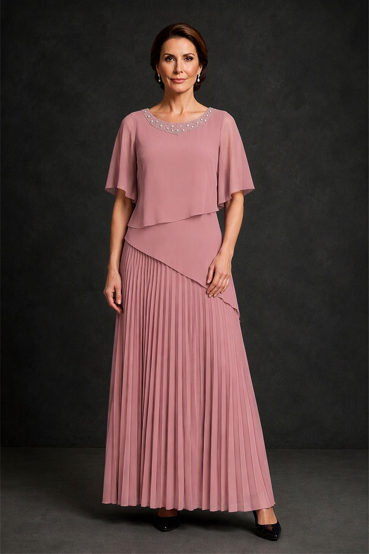 BOLODOO Dusty Rose Pearl Beaded Neck Asymmetric Tiered Flutter Sleeve Pleated Chiffon Maxi Dress - Dusty Rose