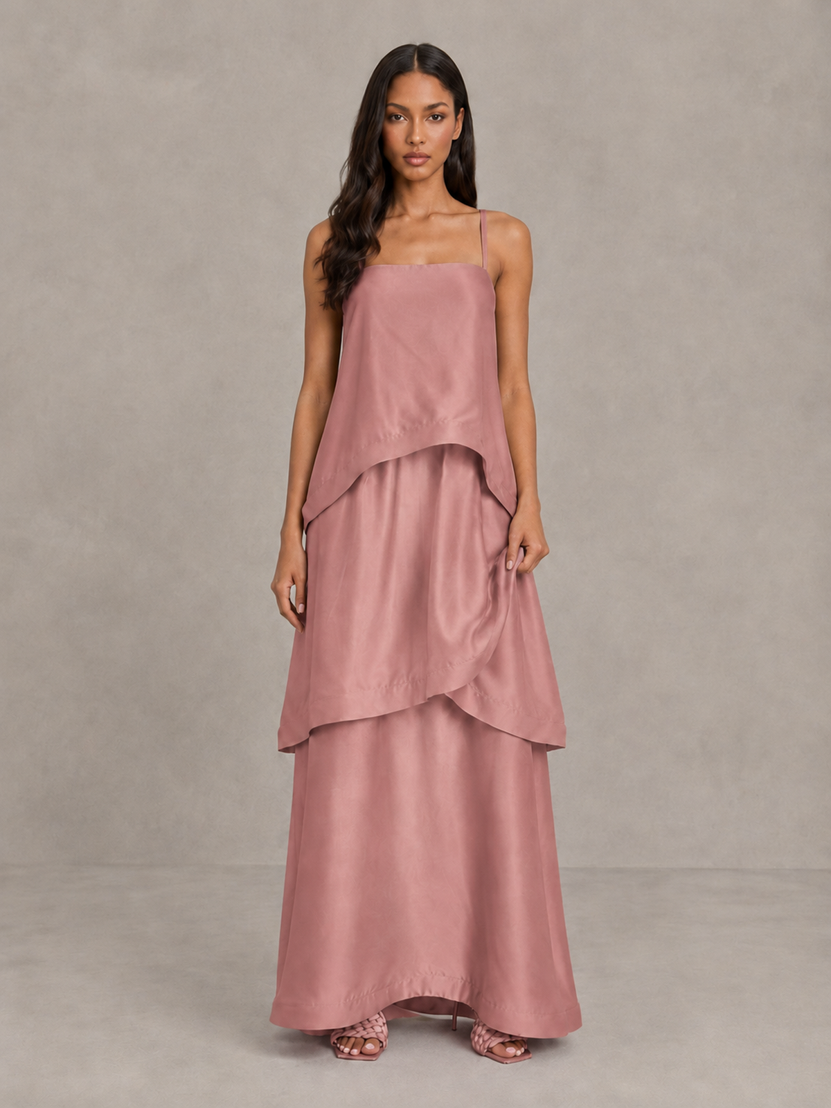 BOLODOO Dusty Rose Satin Tiered Maxi Dress with Spaghetti Straps - Dusty Rose