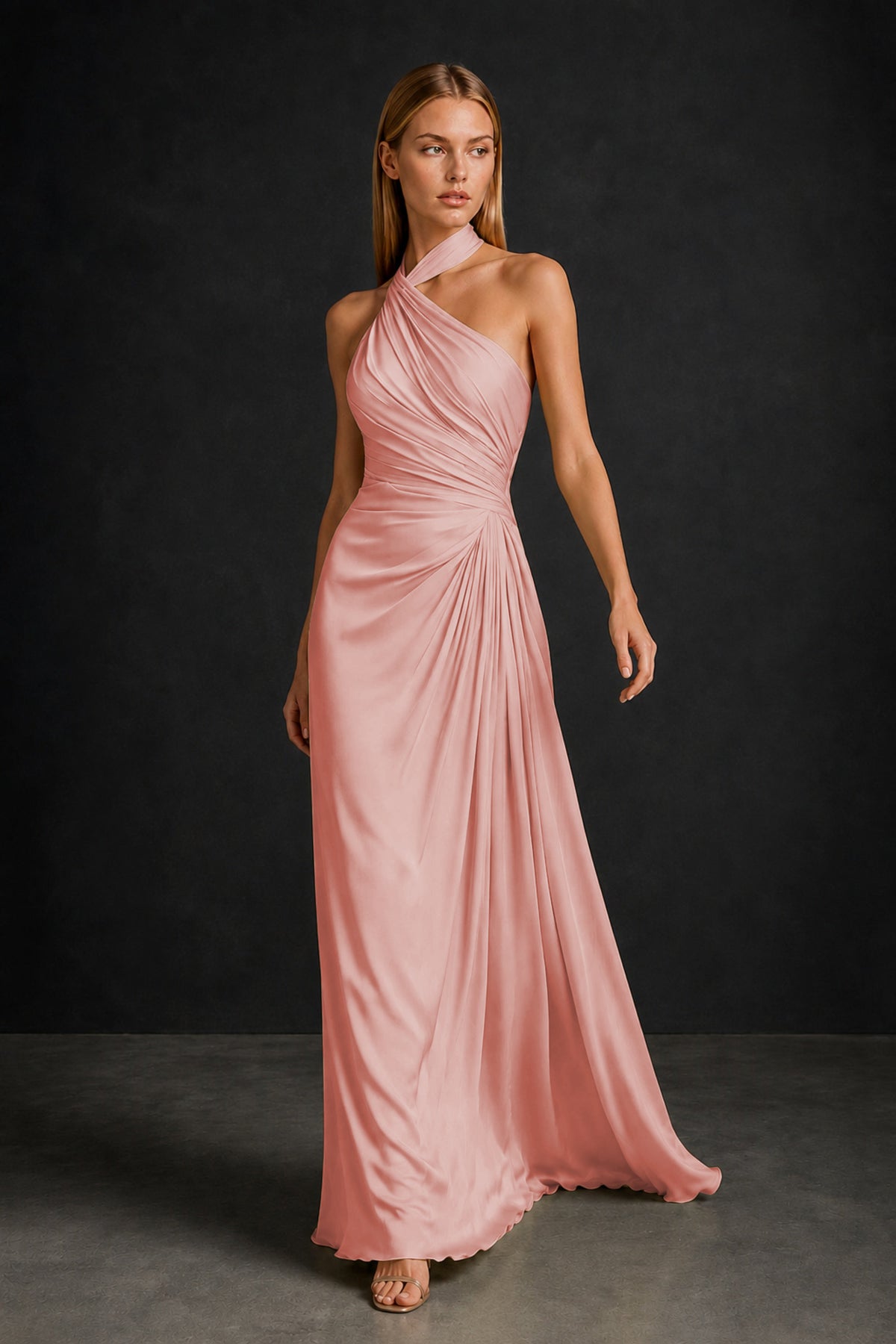 BOLODOO Dusty Rose Twisted Halter Neck Ruched Sleeveless Open Back Floor-Length Gown - Dusty Rose