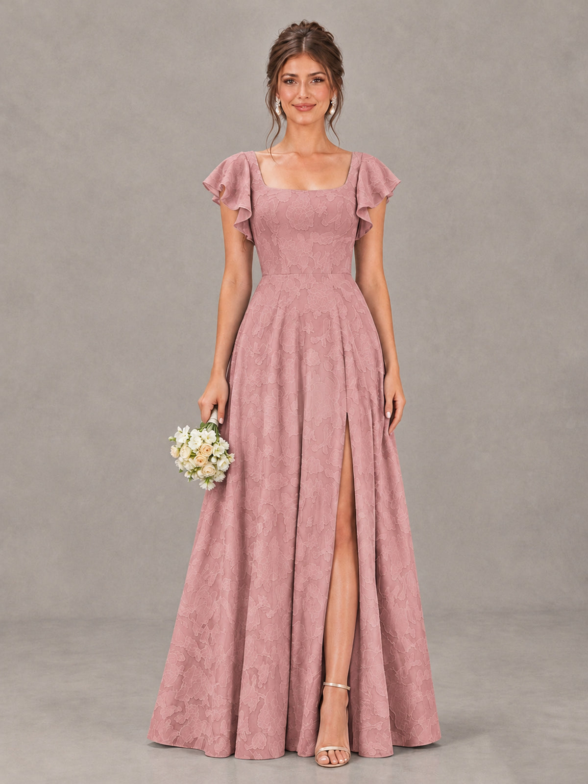 BOLODOO Dusty Rose Floral Flutter Sleeve Bridesmaid Dress with Slit - Dusty Rose - Dusty Rose (1)