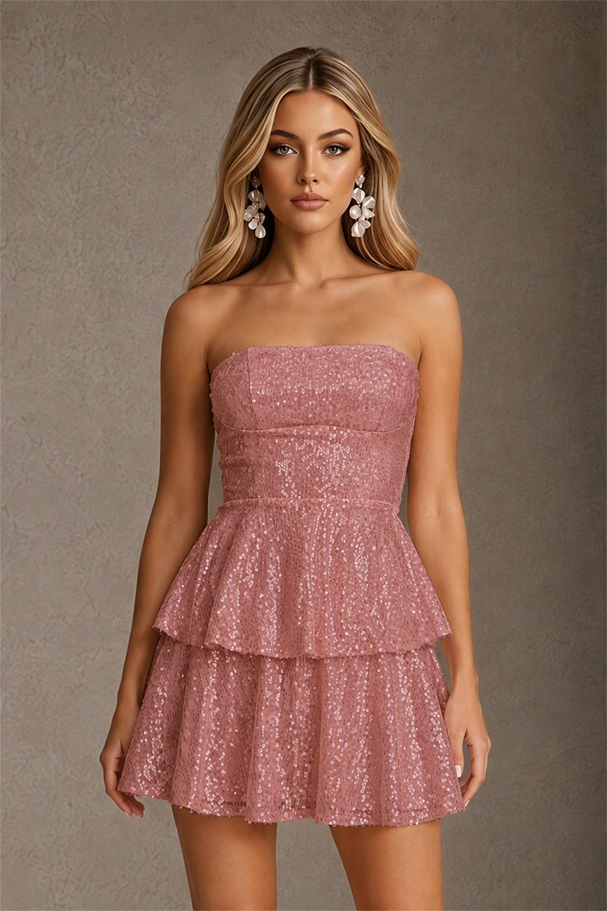 BOLODOO Dusty Rose Iridescent Sequin Strapless Open Back Bow Tiered Mini Dress | Aurora Sequin Ruffle Party Dress - Dusty Rose