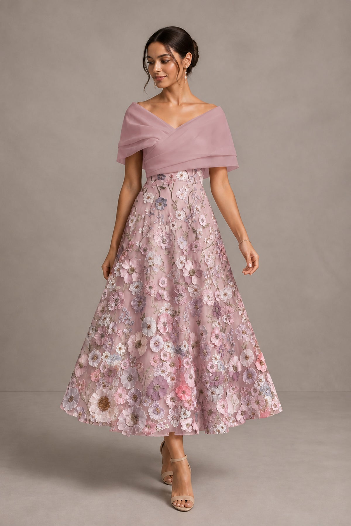Dusty Rose Off-Shoulder Satin & 3D Floral Embroidered Tulle Tea Length A-Line Dress - Dusty Rose