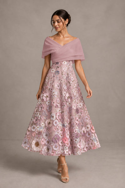 Dusty Rose Off-Shoulder Satin & 3D Floral Embroidered Tulle Tea Length A-Line Dress - Dusty Rose