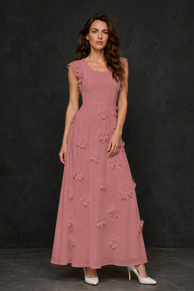 BOLODOO Dusty Rose Scoop Neck Flutter Sleeve 3D Floral Appliqué A-Line Chiffon Maxi Dress - Dusty Rose