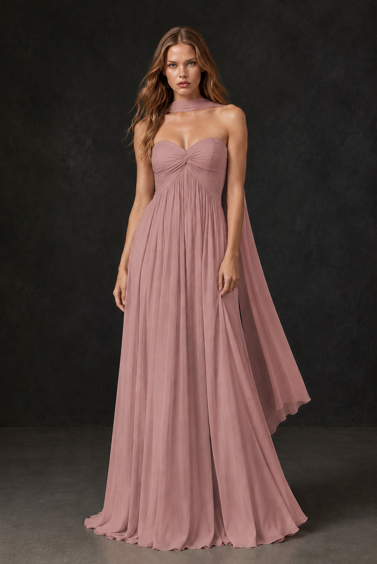 BOLODOO Dusty Rose Sweetheart Strapless Twist Knot Detached Halter Scarf Lace-Up Back Empire Waist Chiffon Maxi Dress - Dusty Rose