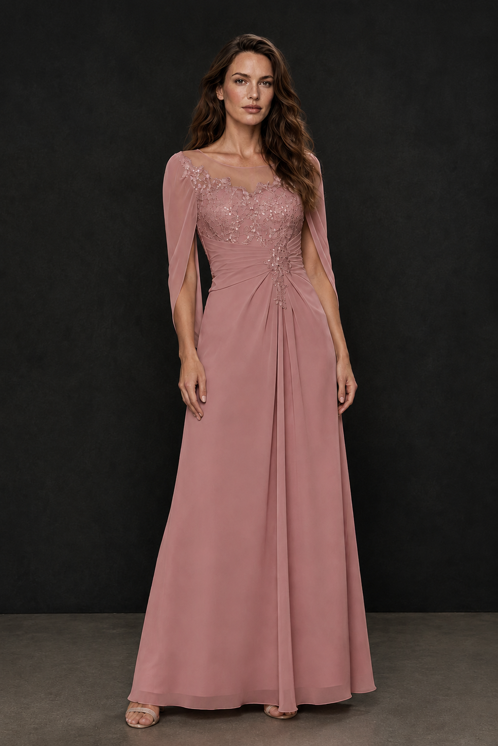 BOLODOO Dusty Rose Illusion Lace One-Side Cape Sleeve Beaded Chiffon Floor Length Gown | Mother of the Bride Evening Dress - Dusty Rose