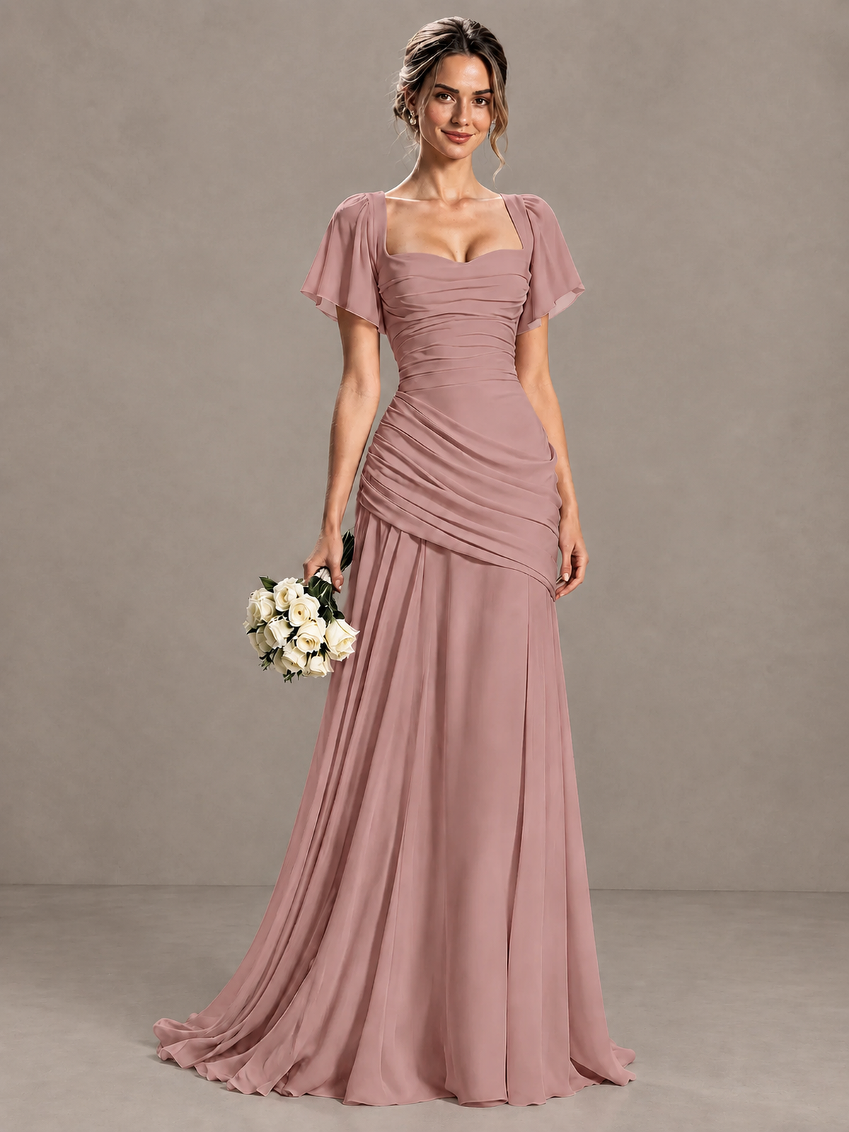 BOLODOO Dusty Rose Flutter Sleeve Lace-Up Back Maxi Dress - Dusty Rose