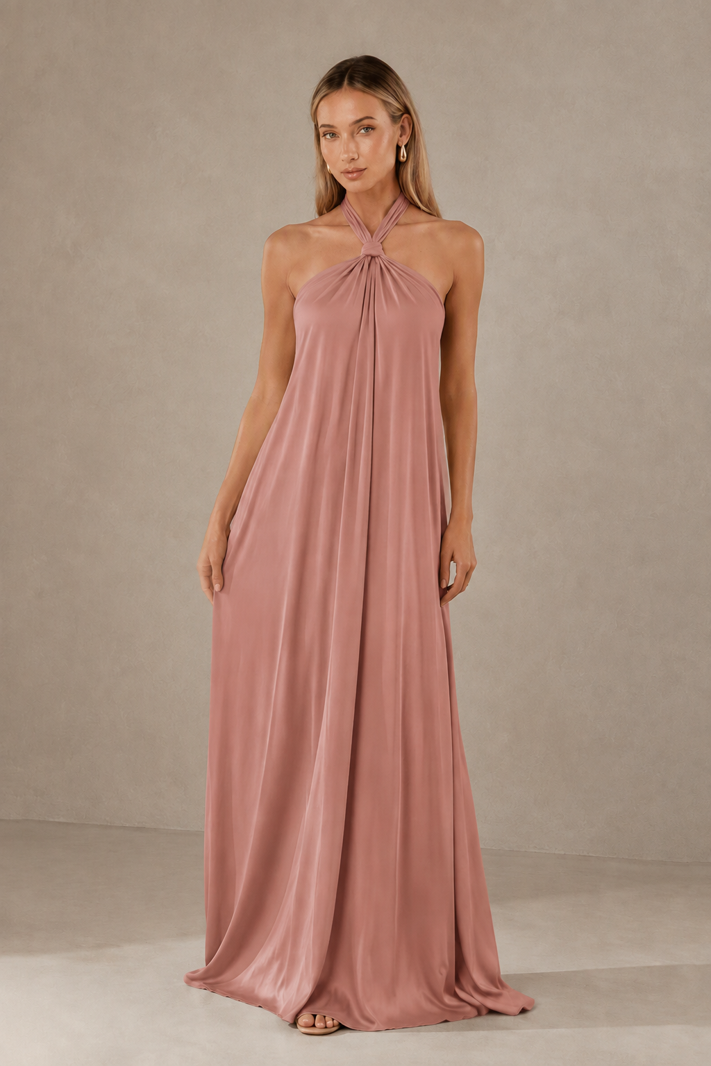 BOLODOO Dusty Rose Backless Halter Satin Bridesmaid Dress - Dusty Rose