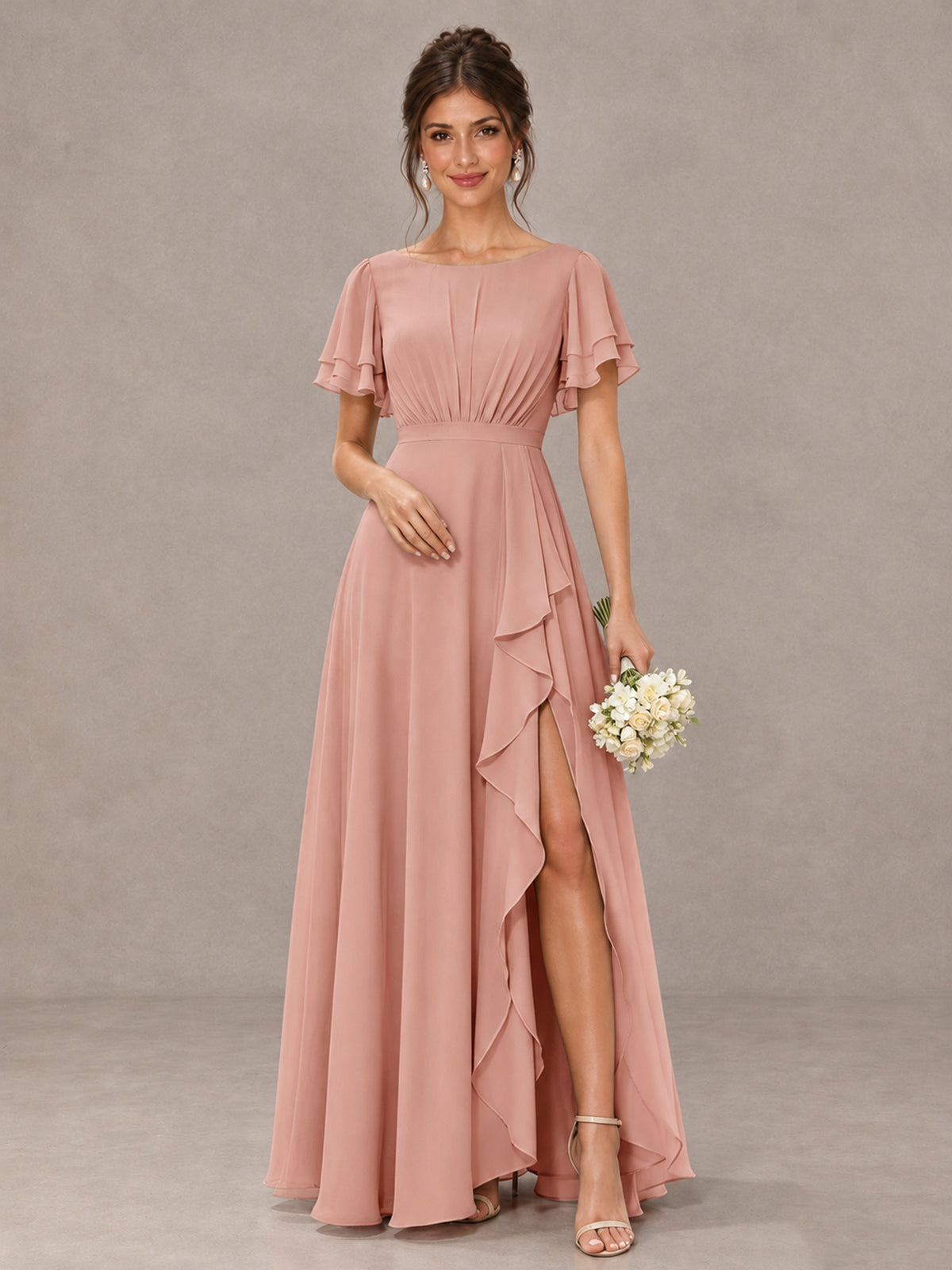 BOLODOO Dusty Rose Flutter Sleeve Ruffle Bridesmaid Dress with Slit - Dusty Rose - Dusty Rose (1)