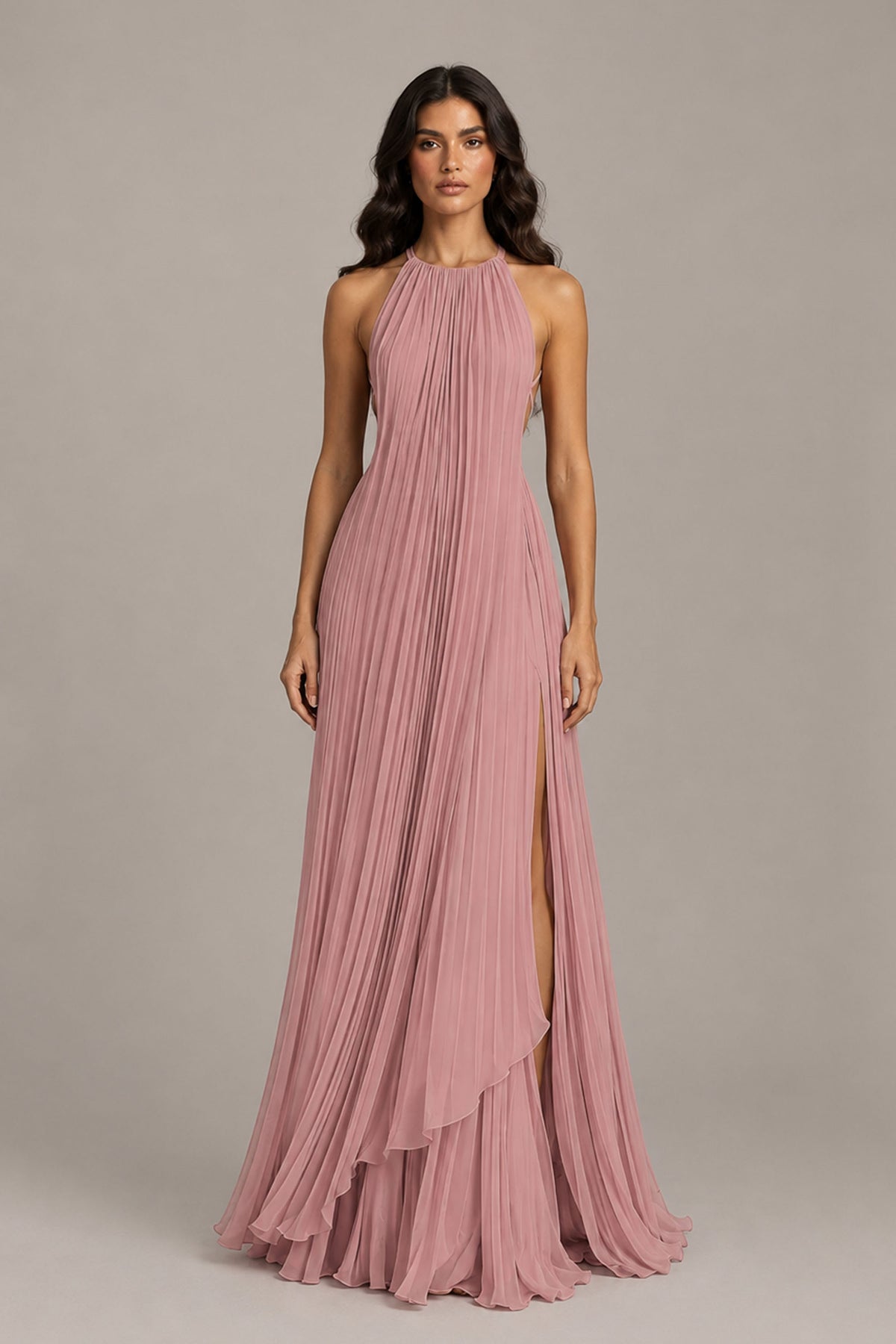 BOLODOO Dusty Rose Halter Neck Pleated Chiffon Maxi Dress with Side Slit - Dusty Rose