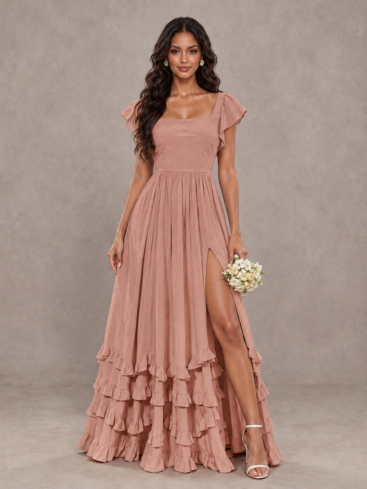 BOLODOO Dusty Rose Flutter Sleeve Ruffle Bridesmaid Dress with Slit - Dusty Rose - Dusty Rose (1)