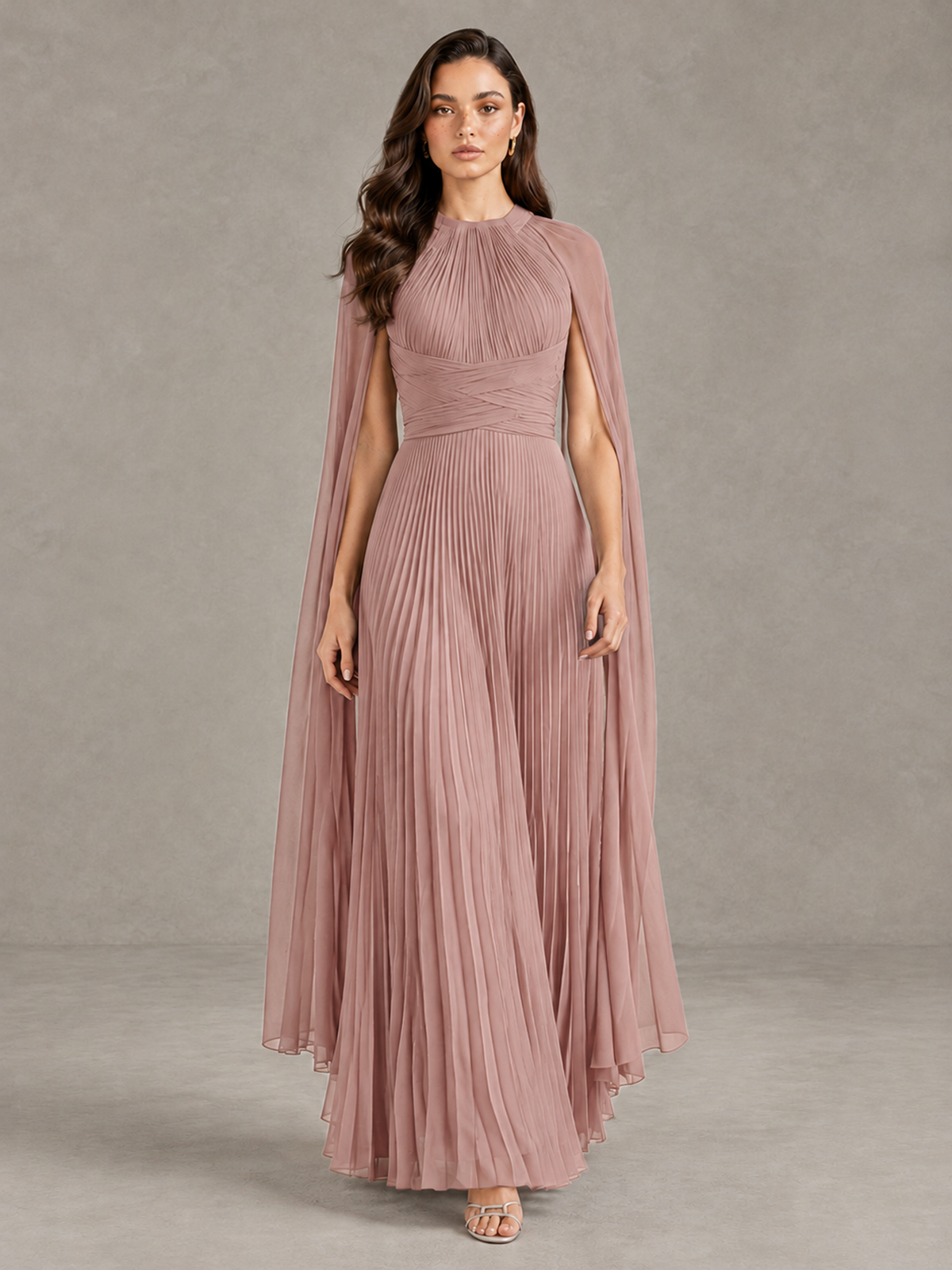 BOLODOO Dusty Rose Pleated Cape Maxi Wedding Guest Dress - Dusty Rose - Dusty Rose (1)
