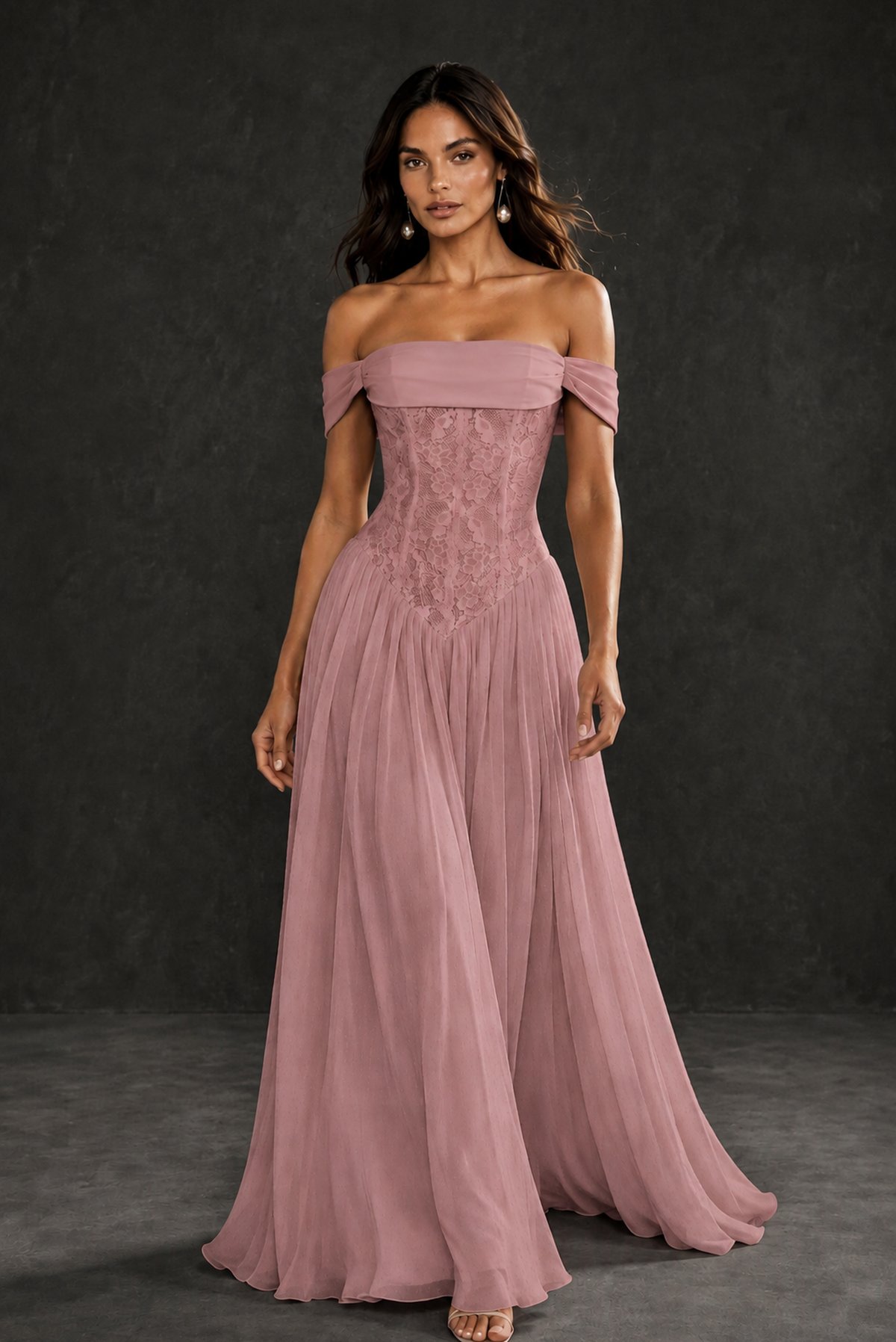 BOLODOO Dusty Rose Off-Shoulder Lace Corset Tulle Maxi Dress - Dusty Rose