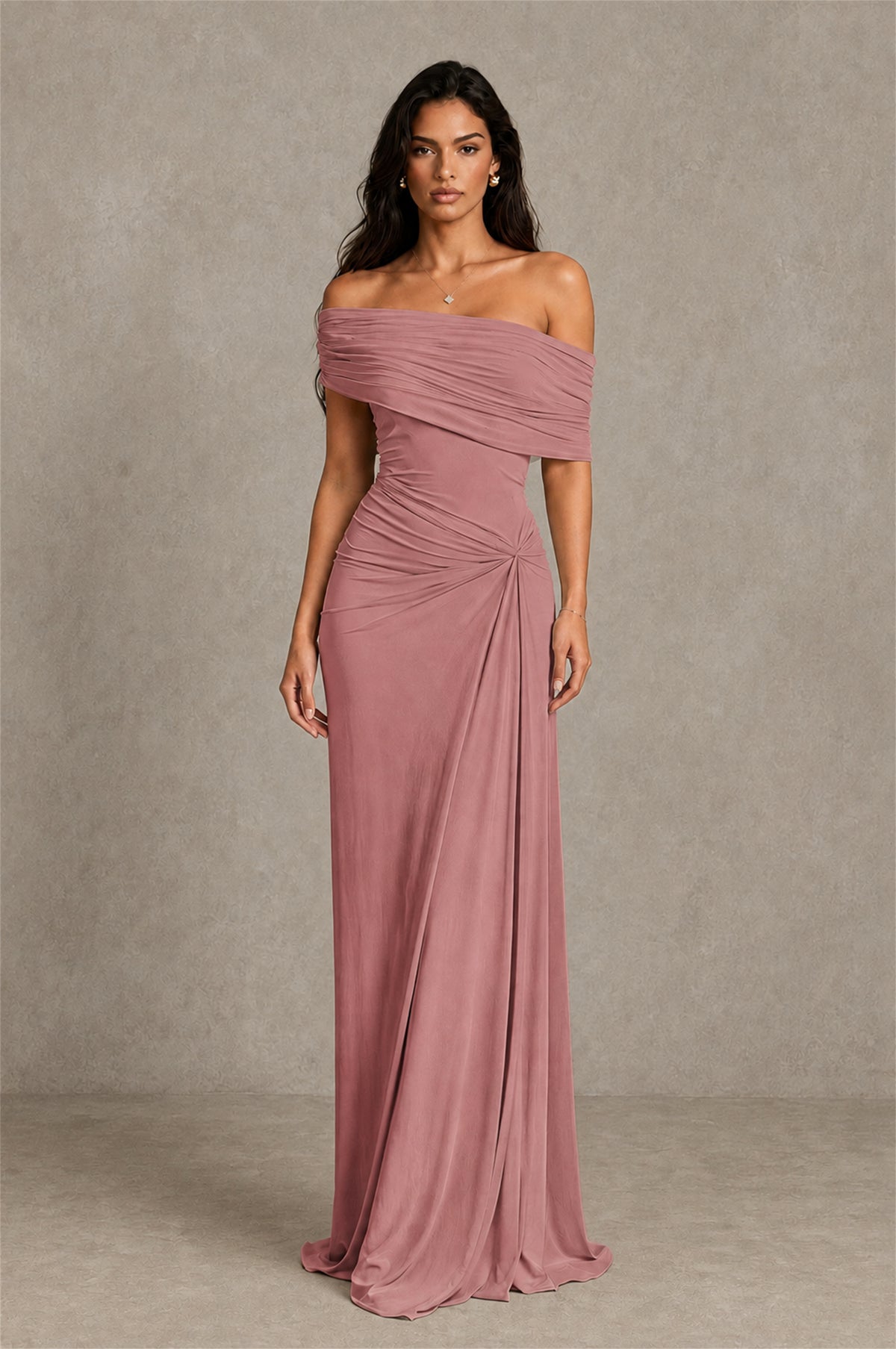 BOLODOO Dusty Rose Off-Shoulder Ruched Maxi Dress - Dusty Rose