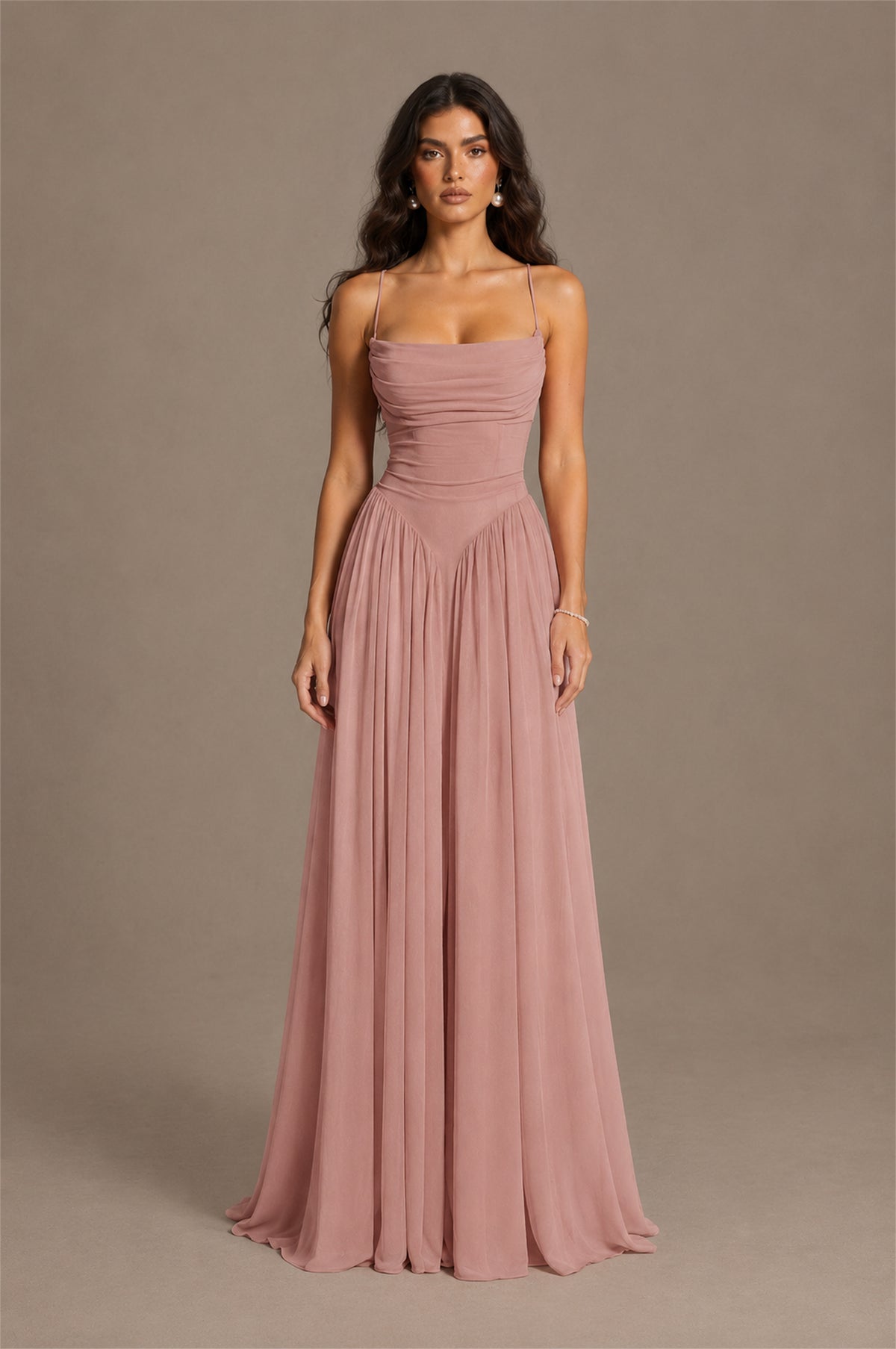 BOLODOO Dusty Rose Spaghetti Strap Square Neck Ruched Chiffon Maxi Dress with Lace-Up Back - Dusty Rose